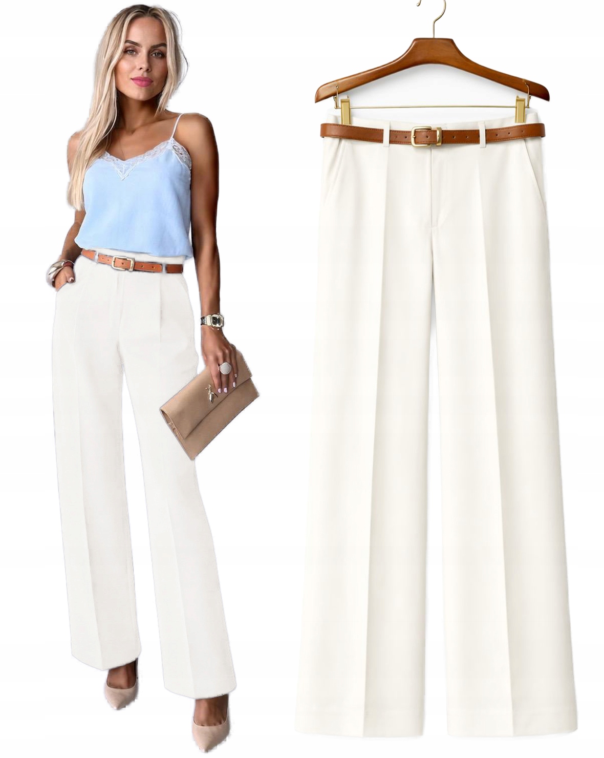 Spodnie damskie Szwedy szerokie nogawki kant pasek M Milano