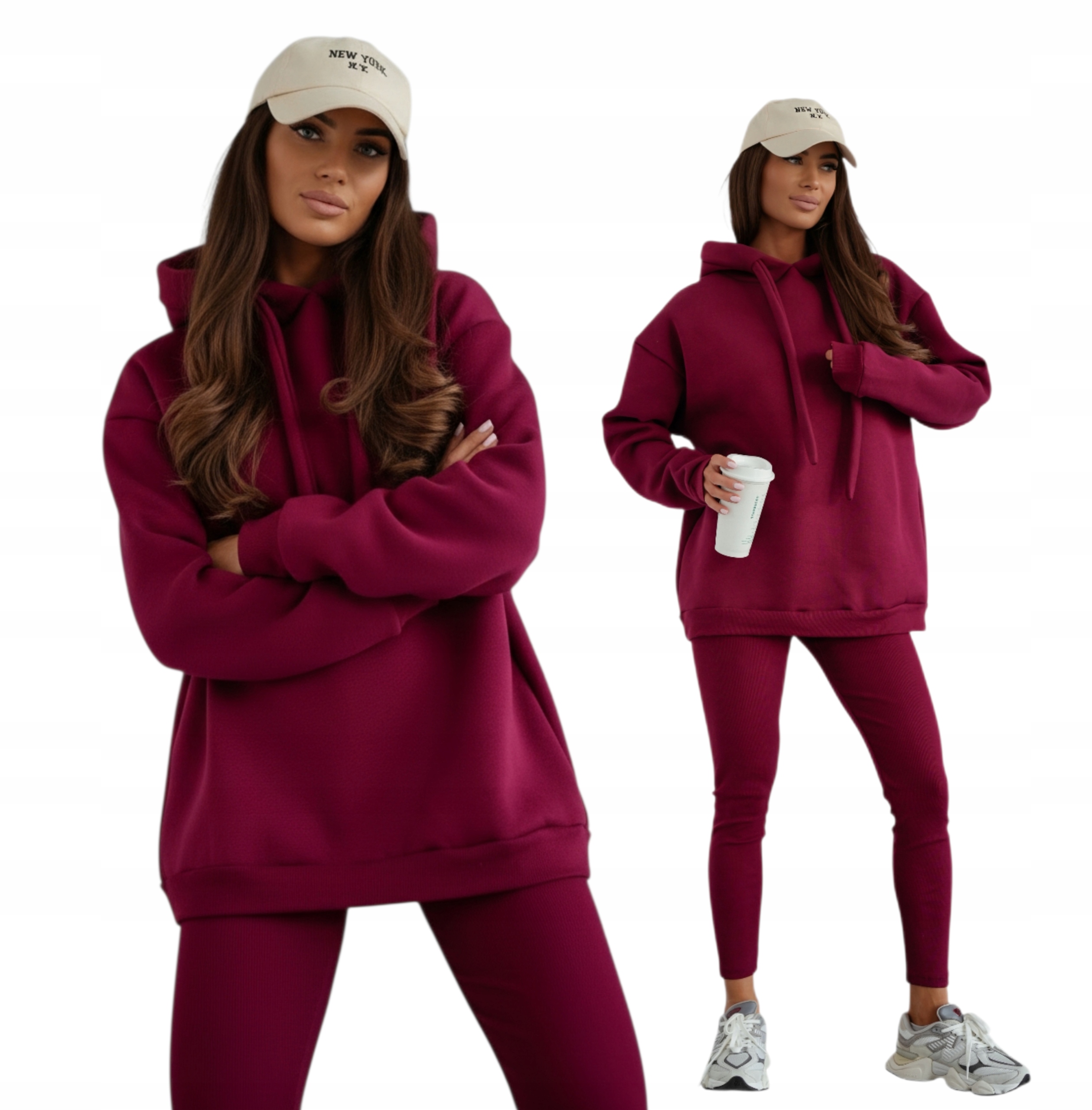 Zateplený Tepláková Souprava Mikina S Kapucí Legíny Uni Bordó