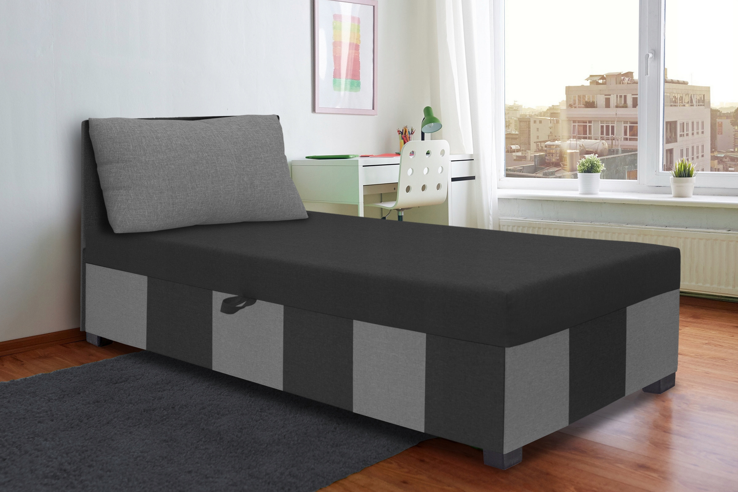 Łóżko jednoosobowe tapczan oparcie Luna+poduszka Typ łóżka materac w komplecie z zagłówkiem pojemnik na pościel otwierany do góry