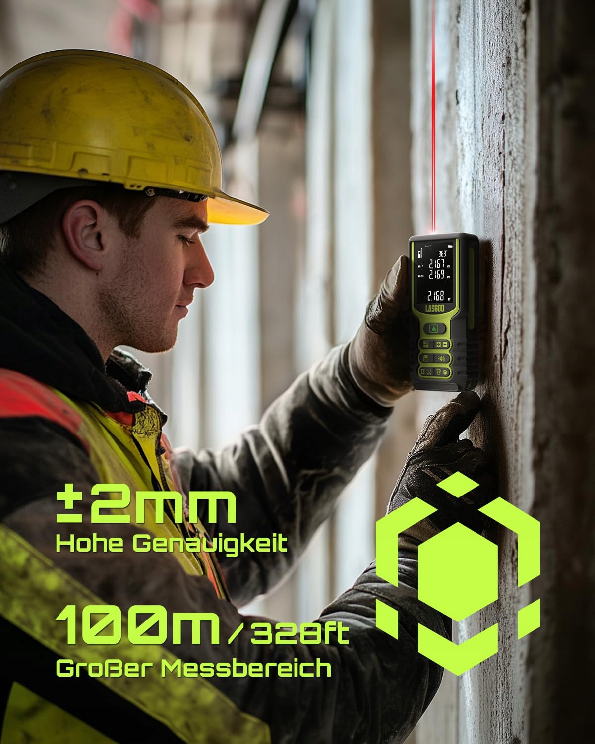 LASGOO Dalmierz Laserowy 100m z LCD i Czujnikiem Kąta — miniatura 2