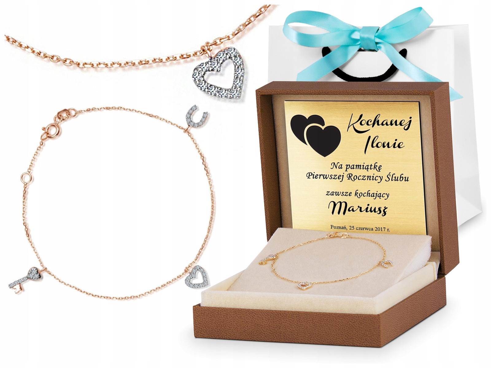 

Złota Bransoletka 333 Serce Kluczyk Prezent Grawer