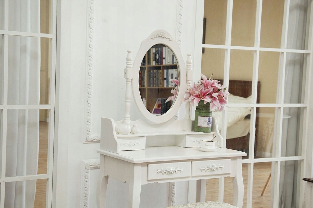 TOALETKA KOSMETYCZNA Z LUSTREM BIAŁA + TABORET Głębokość mebla 41 cm