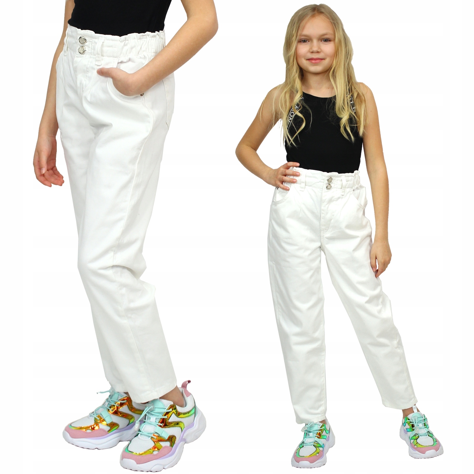 

Spodnie Białe Paperbag Szerokie Luźne Mom Fit 152