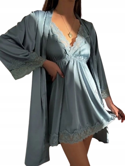 Zeleno-šedý Saténový Komplet Župan Saténová Hedvábná Košile