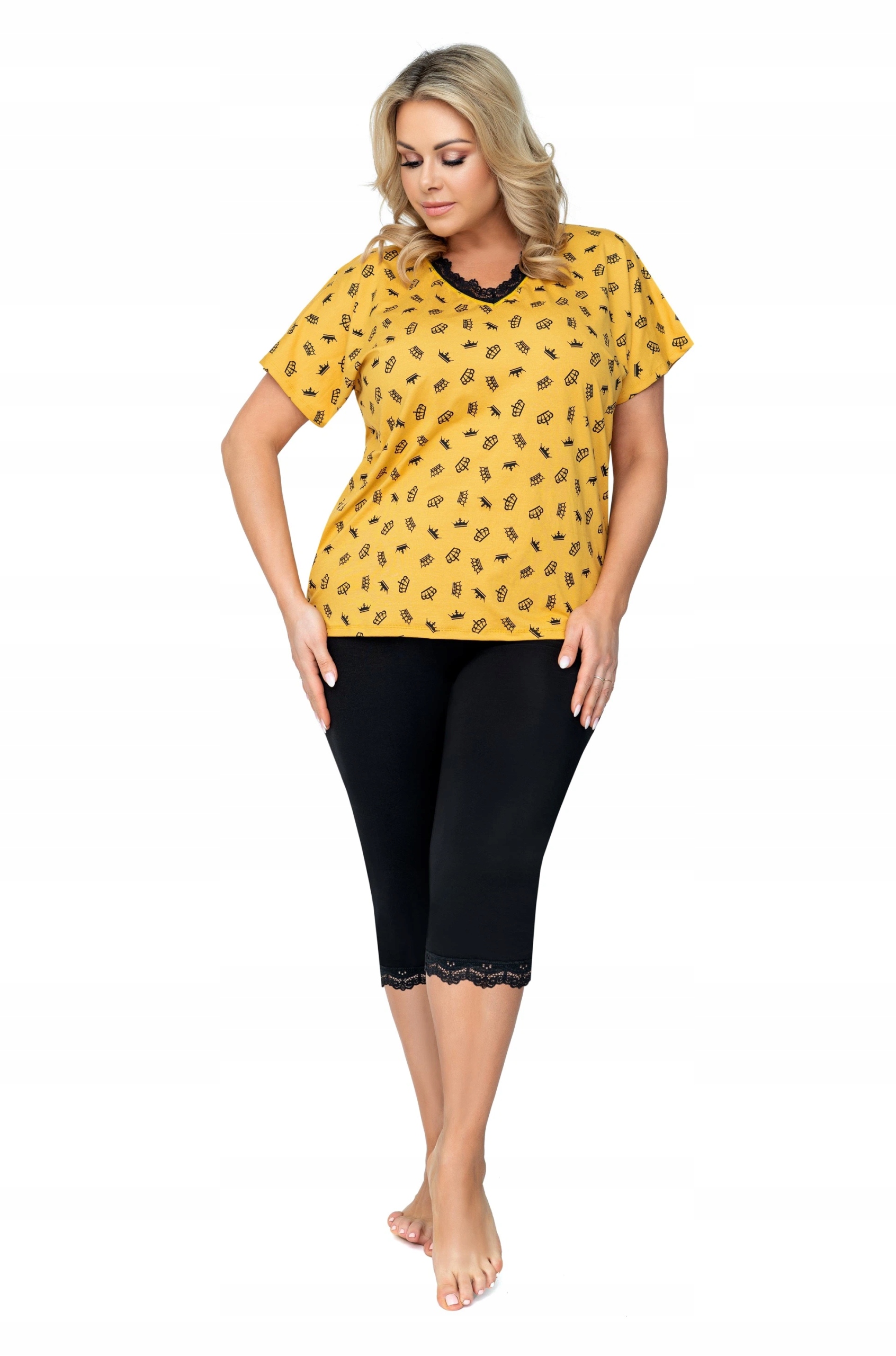 Dámské Pyžamo Donna Queen Plus Size Viskózová 3 4 s krajkou Černá 48