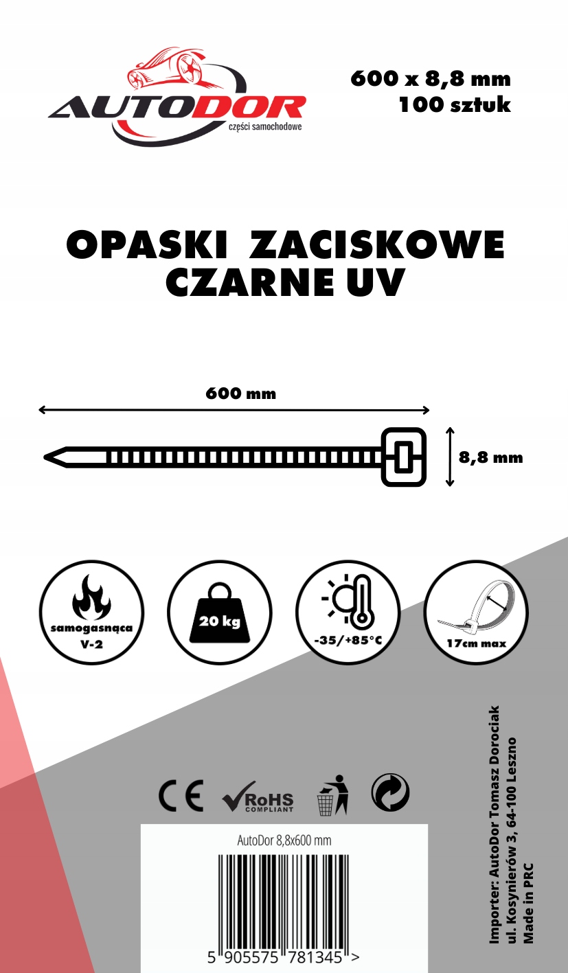OPASKI OBEJMY TRYTKI TRYTYTKI ZACISKOWE KABLOWE UV CZARNE 8,8X600 NYLON Szerokość 8.8 mm
