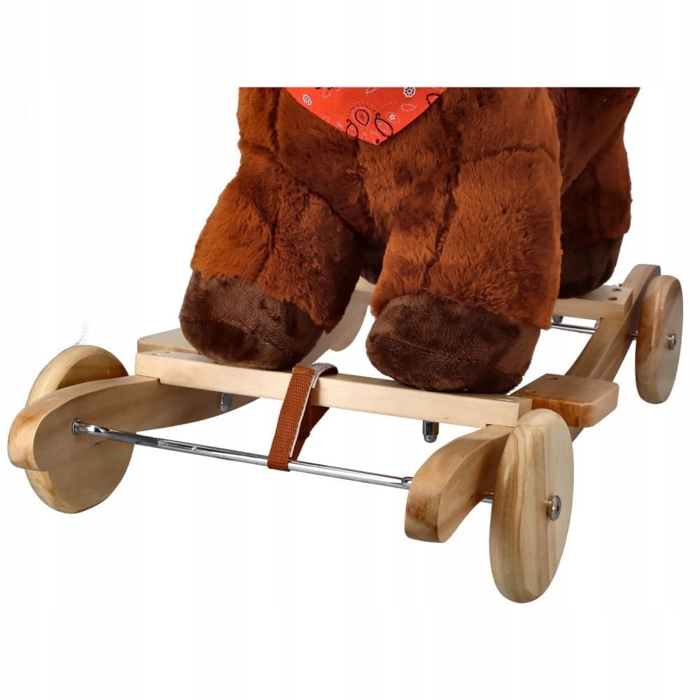 ADAM TOYS BRĄZOWY KONIK NA BIEGUNACH Z FOTELIKIEM I KOŁAMI OD 10 M-CY Materiał drewno metal tkanina