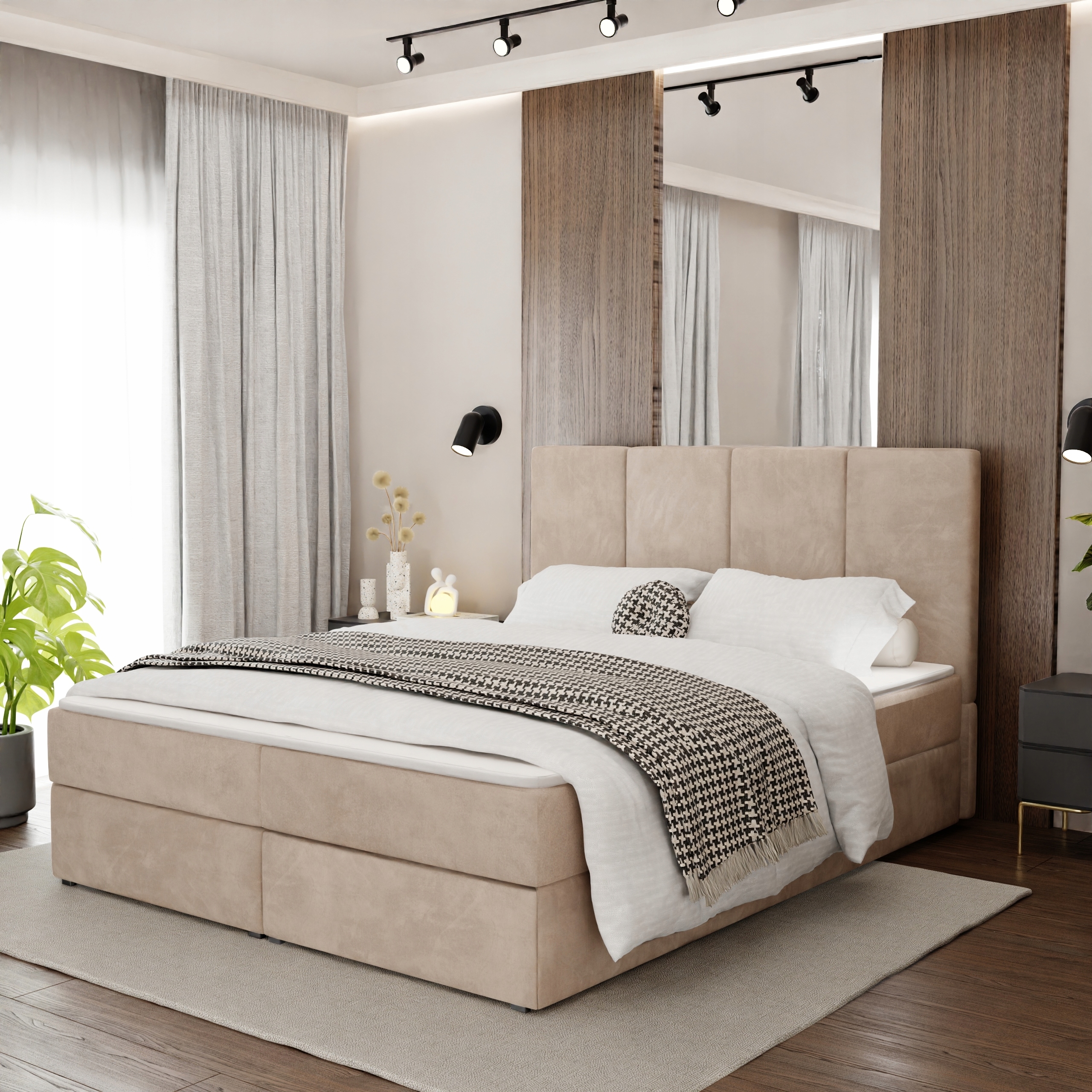 Kontinentální Postel 180x200 Čalouněná Dvojitá S Matrací Béžová