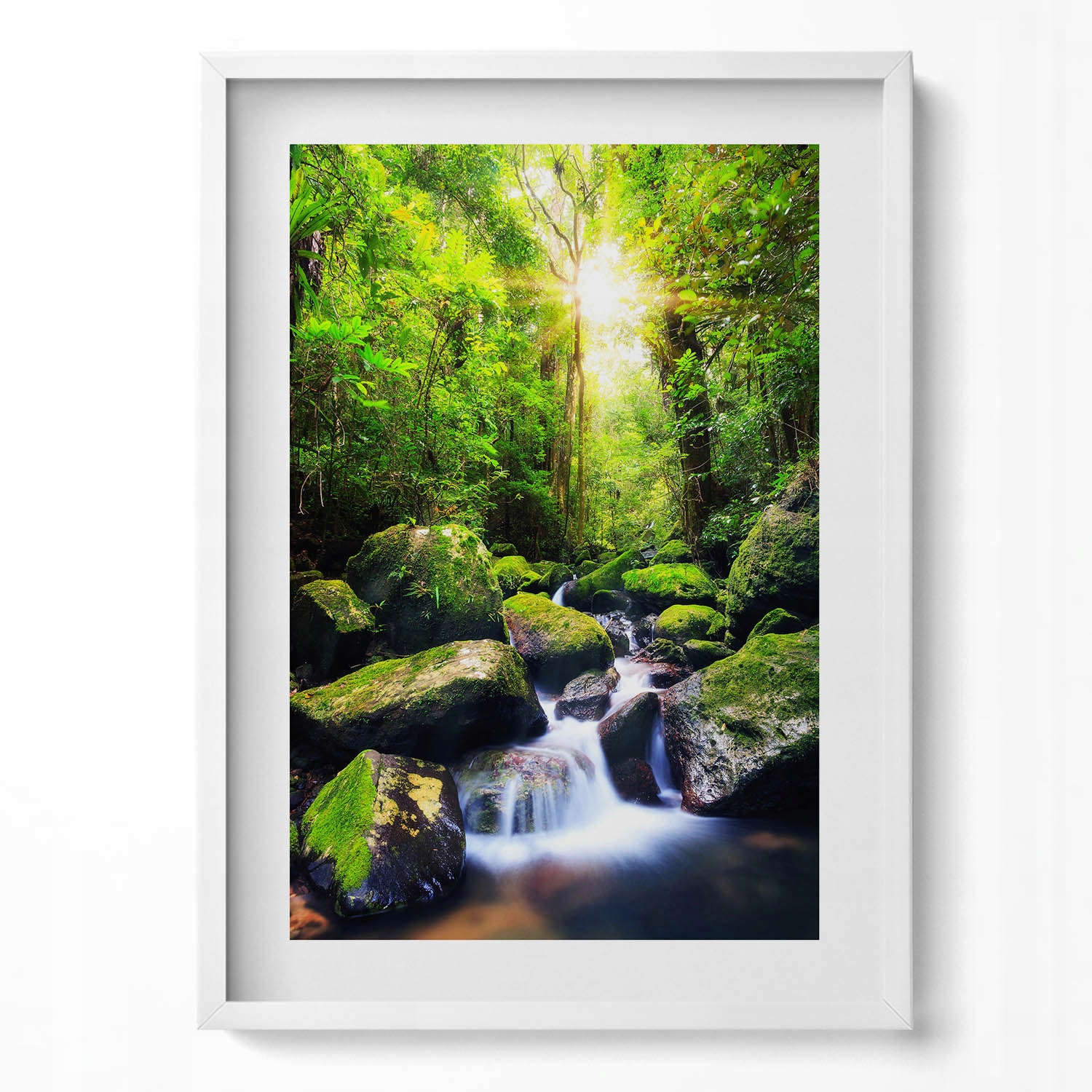 Obraz v bílém rámu, dekorace na zeď Vodopád uprostřed džungle 50x70 cm