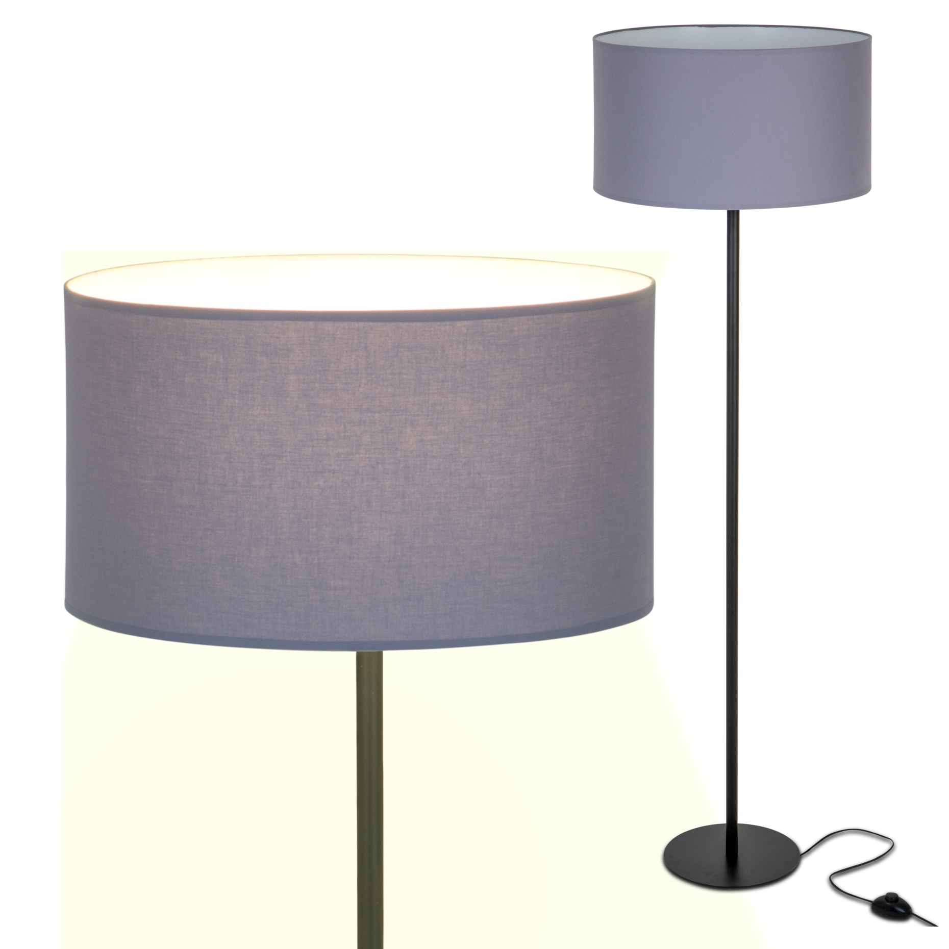 Led Lampa Stojąca Podłogowa Metalowa Podstawa Czarna 60W Klosz Szary Abażur