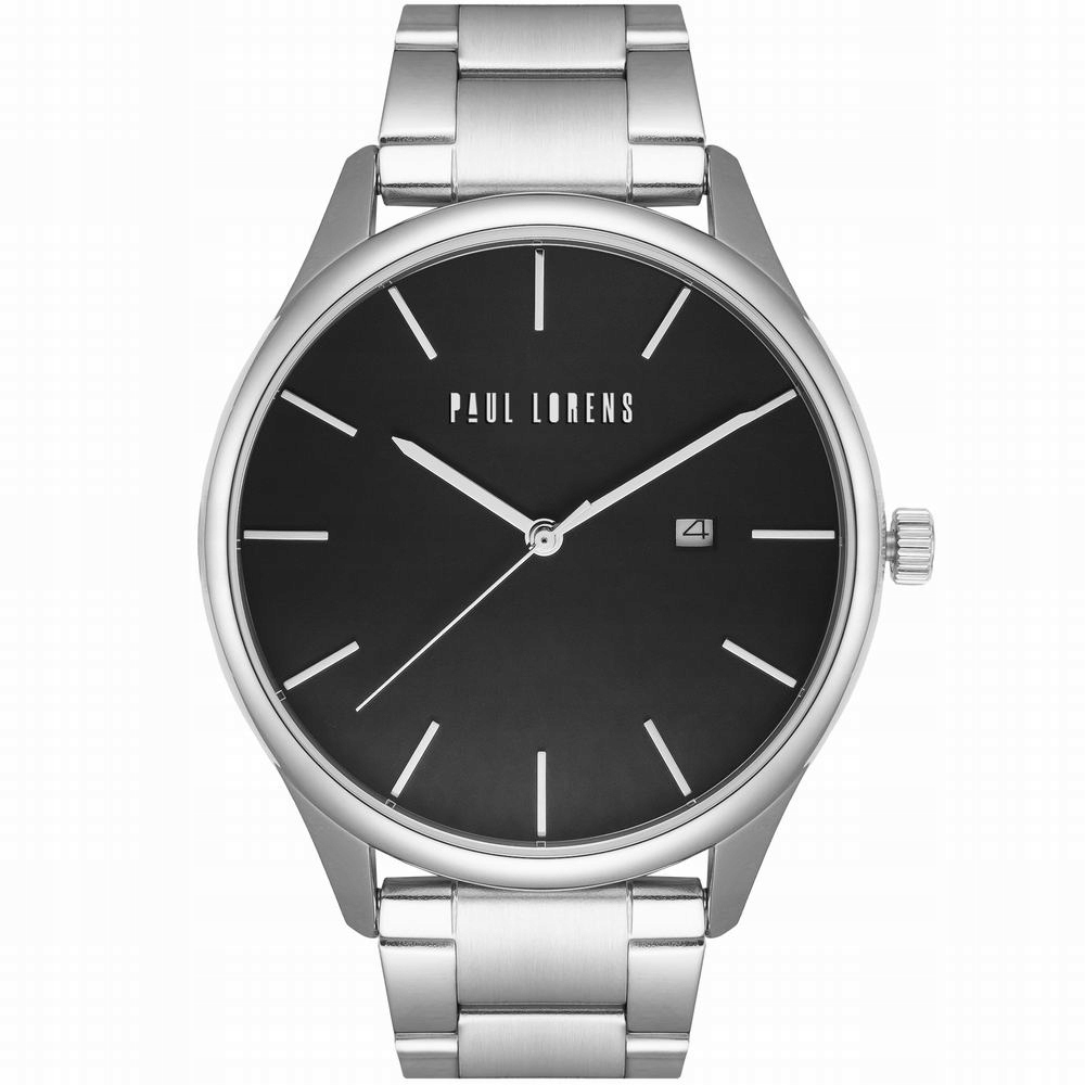 Pánské hodinky Paul Lorens křemenný ciferník černý, stříbrný náramek 44 mm