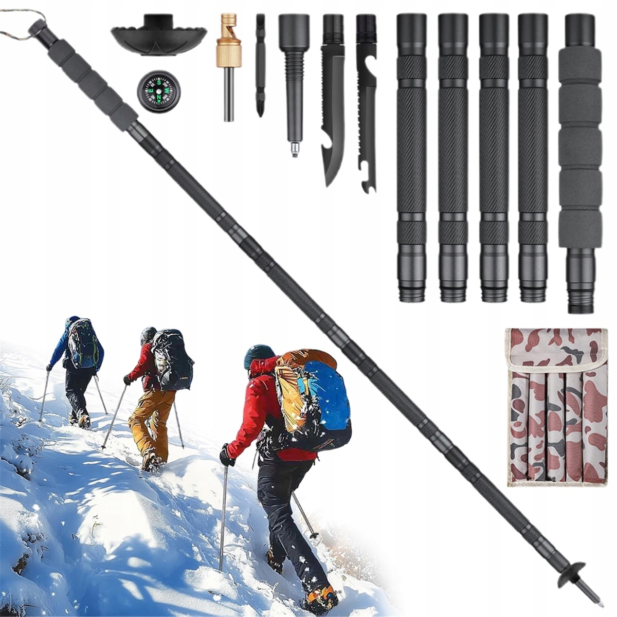 8 Funkcjami Kij Trekkingowy Z Nożem I Kompasem Do Wędrówek Ciemnoszary