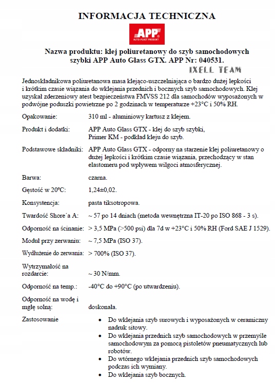 APP AutoGlass GTX SZYBKI KLEJ DO MONTAŻU SZYB 2022 Typ Poliuretanowe