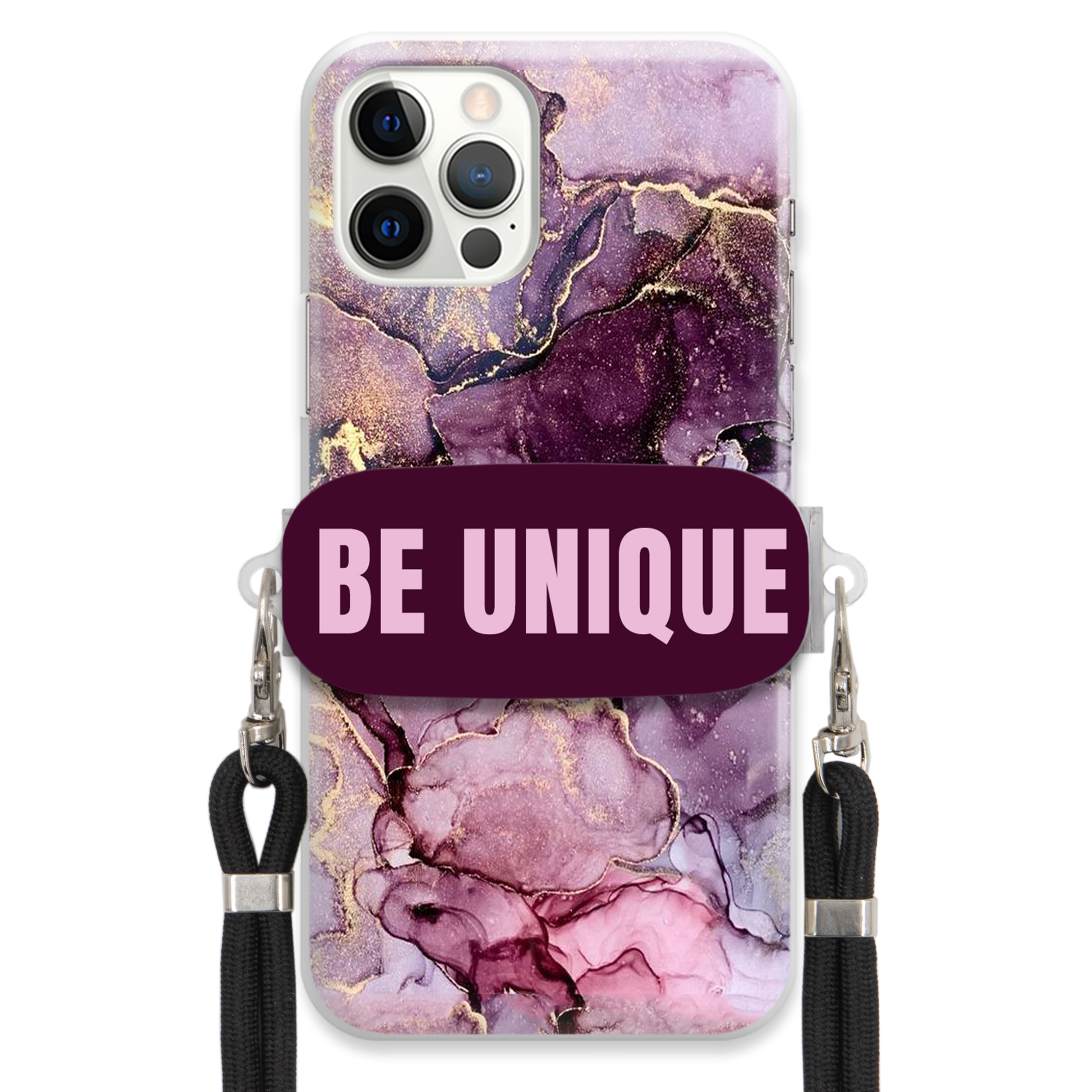Prémiové puzdro pre iPHONE 12 Pro Case Uchywt Šnúrka Čierna Fialová Mramor