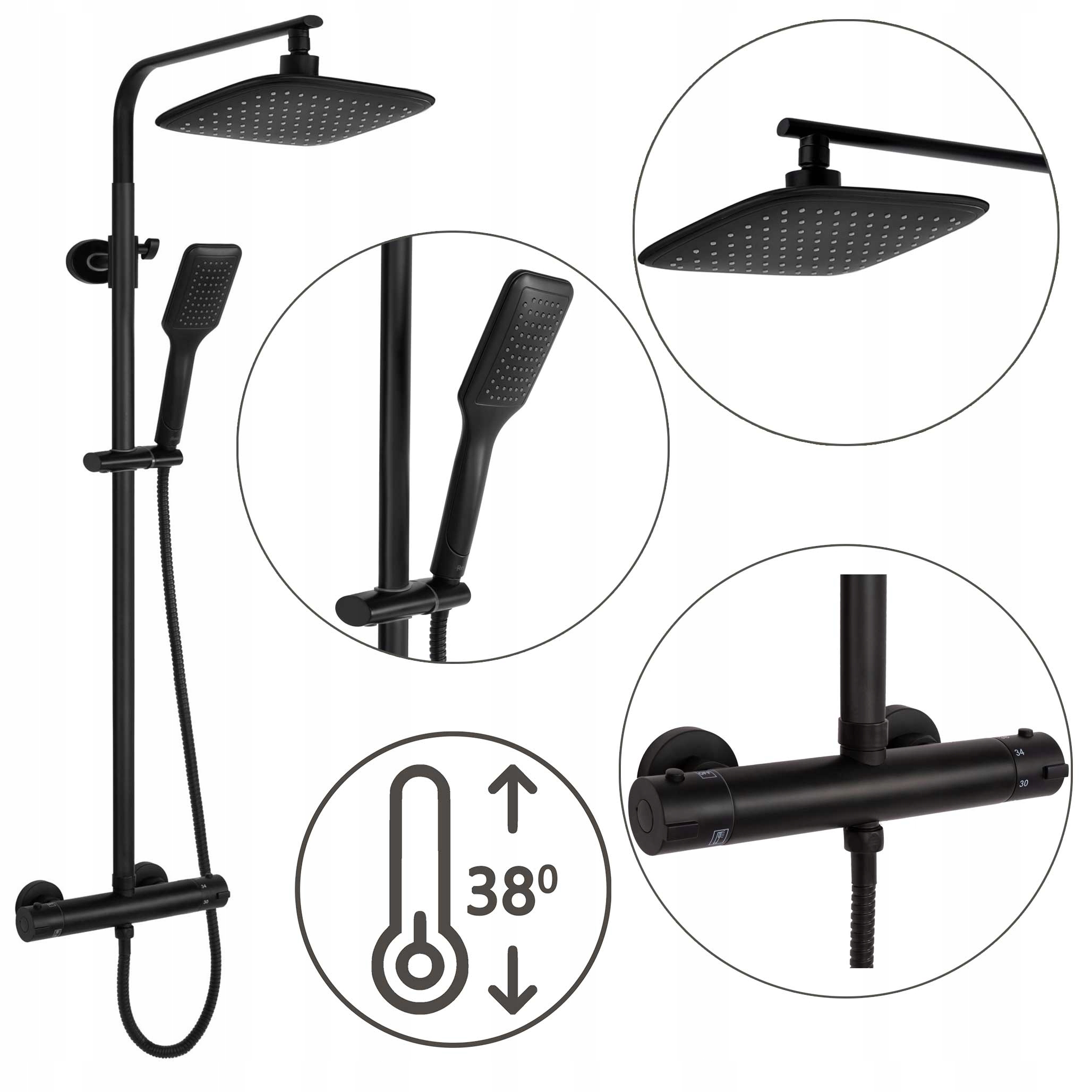 Sprchový set s termostatom Rea Tom Black čierny na omietku