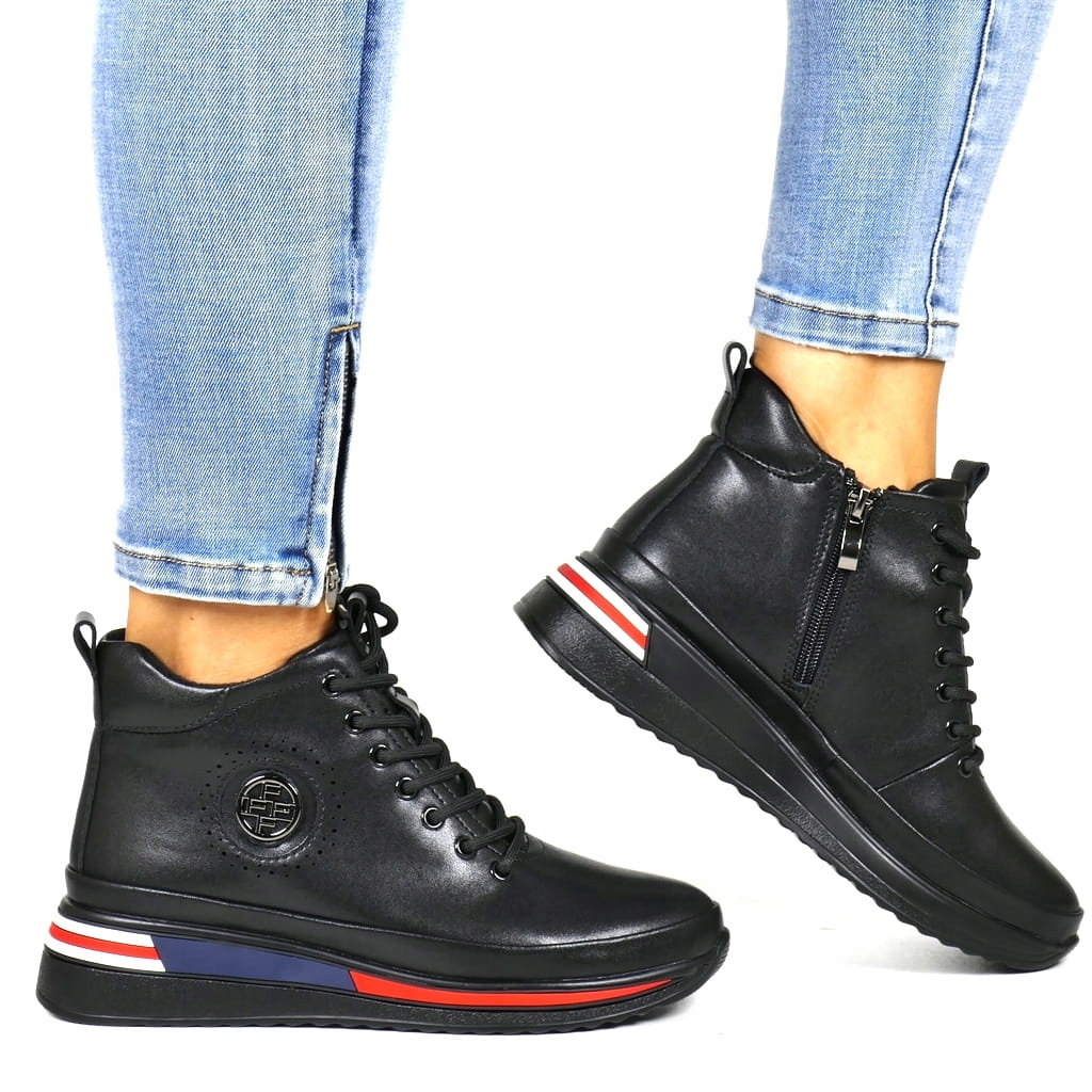 Kožené boty Kotníkové Boty Na Koturně Na Platformě Se Zapínáním Na Zip, Černé