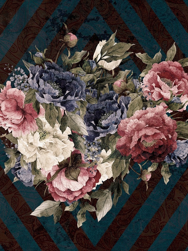 Vliesová fototapeta Pivoňky Růže Geometrie Paisley Světle Modrá 184x254 lepidlo