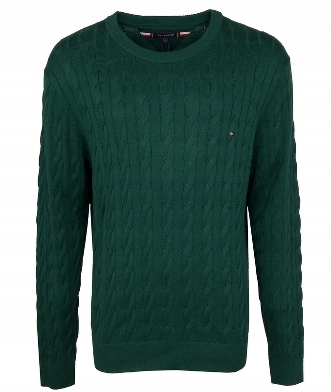 Pánský bavlněný svetr s copánkovým úpletem Tommy Hilfiger , lahvově zeleň , XL