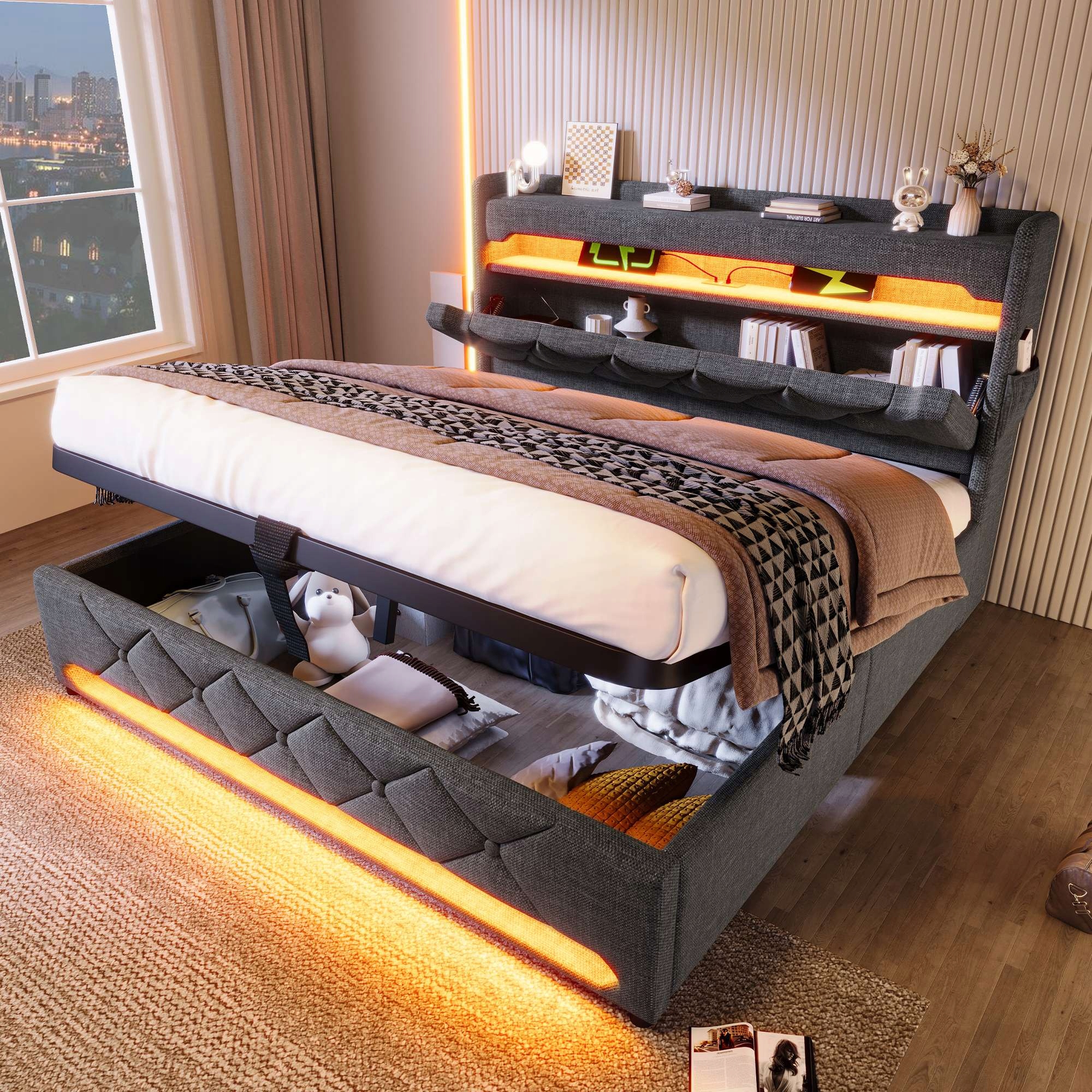 Čalouněná postel 160x200 Led Usb-c hydraulický úložný prostor šedá