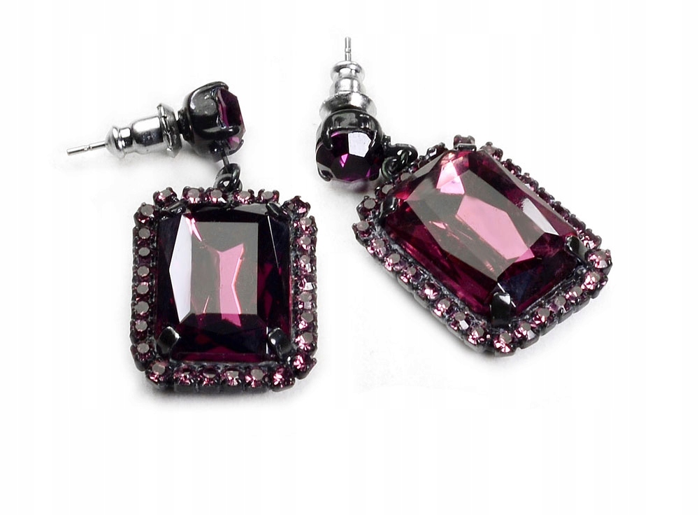 Kolczyki Wiszące Prostokąty Fioletowe Z Dużym Kryształem Sztras Oryginalne