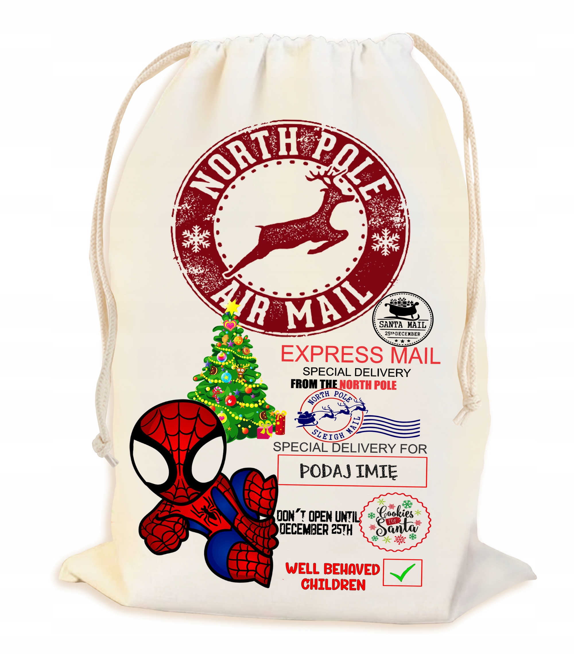 PEROSNALIZOWANY WOREK NA ŚWIĄTECZNY PREZENT POD CHOINKĘ Z IMIENIEM 23*34CM