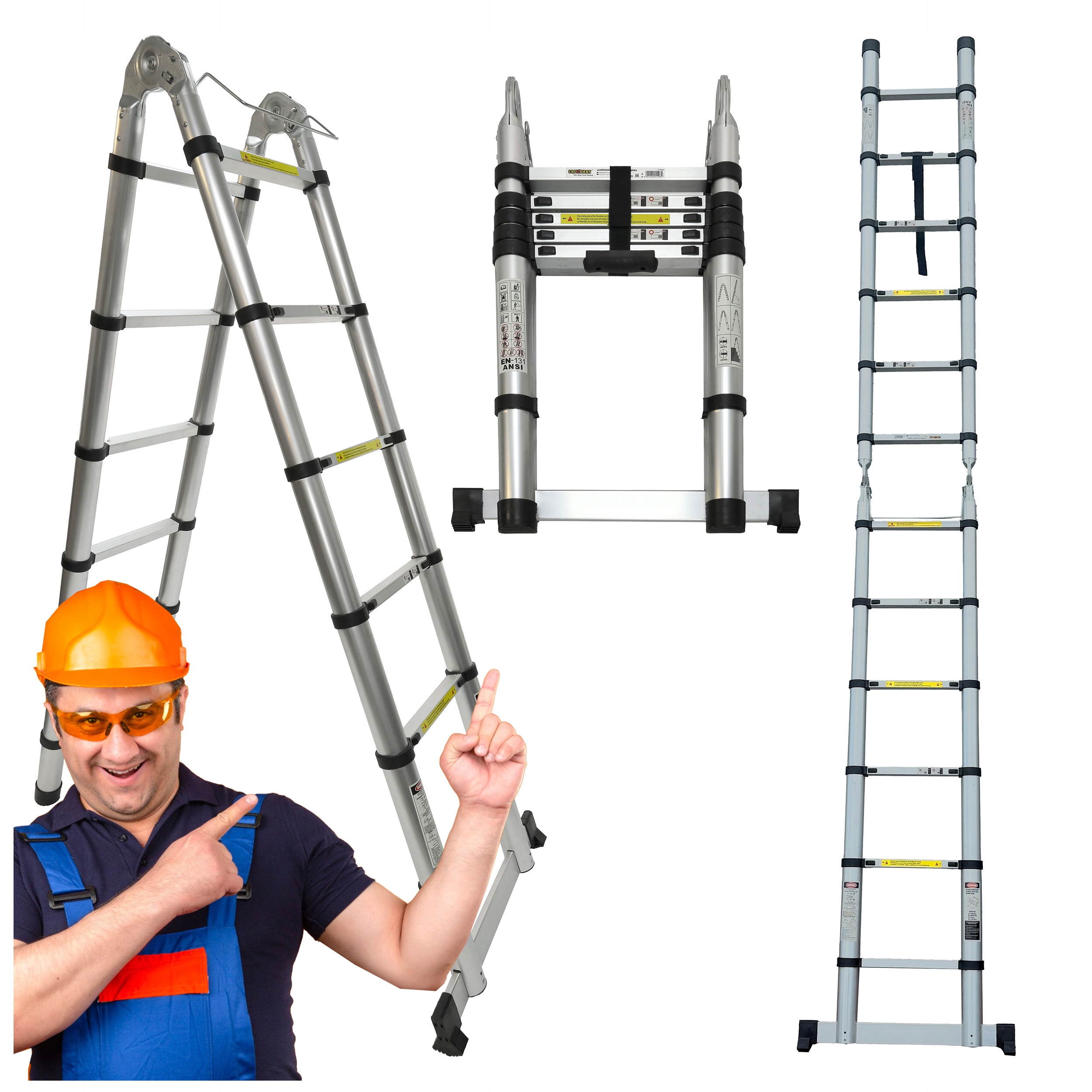 Hliníková teleskopická skladacia závesná rebríková tyč 3,8 m, výsuvná, 150 kg, 6+6