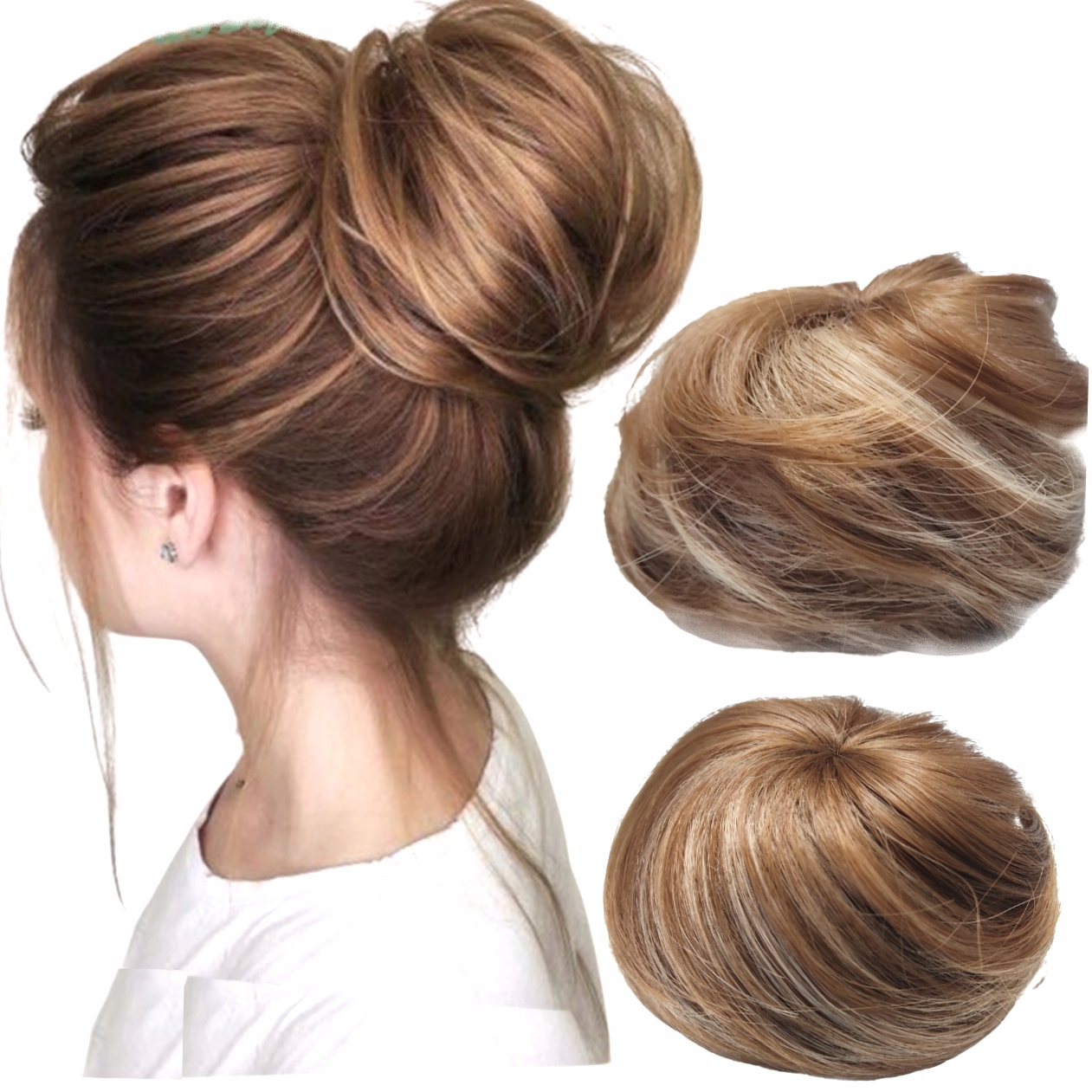 Připínací drdol, hladký, elegantní na gumičce, vlasy Caramel Brown, světle hnědá barva