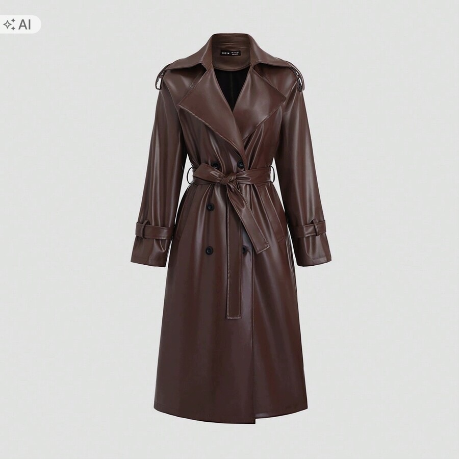 Shein Hnědý Kabát Z Ekologické Kůže S Klopami, Velikost 44 1