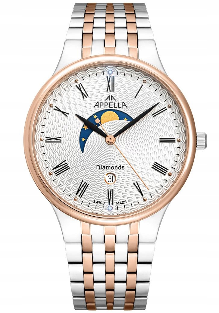 Nowy Zegarek męski Appella L12002.R133DMQ Diamonds fazy księżyca