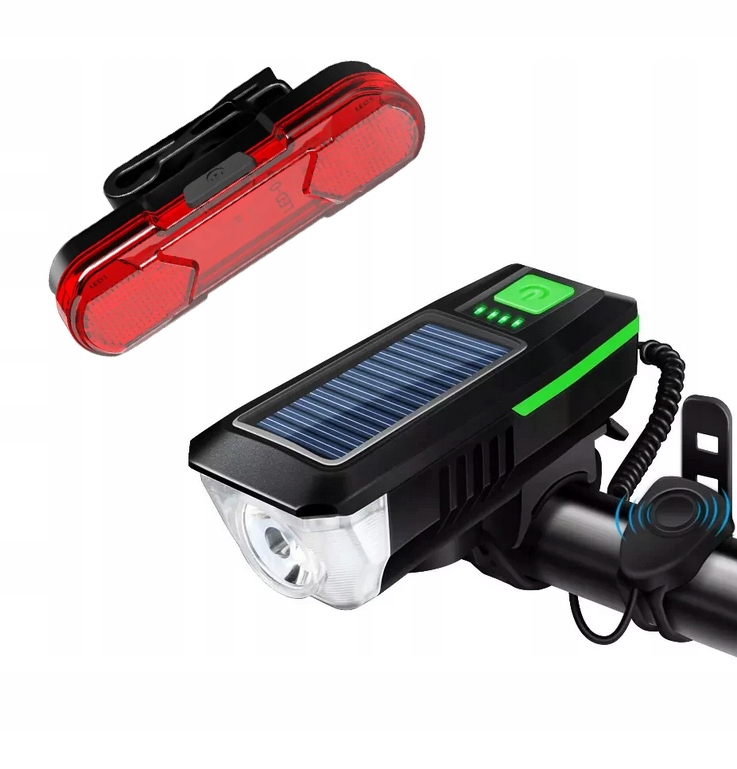 Zestaw Led Lampka Rowerowa Solarna Usb Klakson Dzwonek Tylna Lampka Mocne