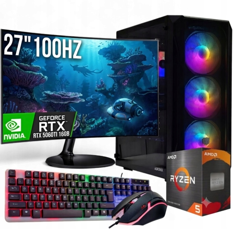 Gamingový Pc Ryzen 5 5500 Rtx 5060 Ti 16 Gb 16 Gb 512 Gb Wi-Fi Monitor 27