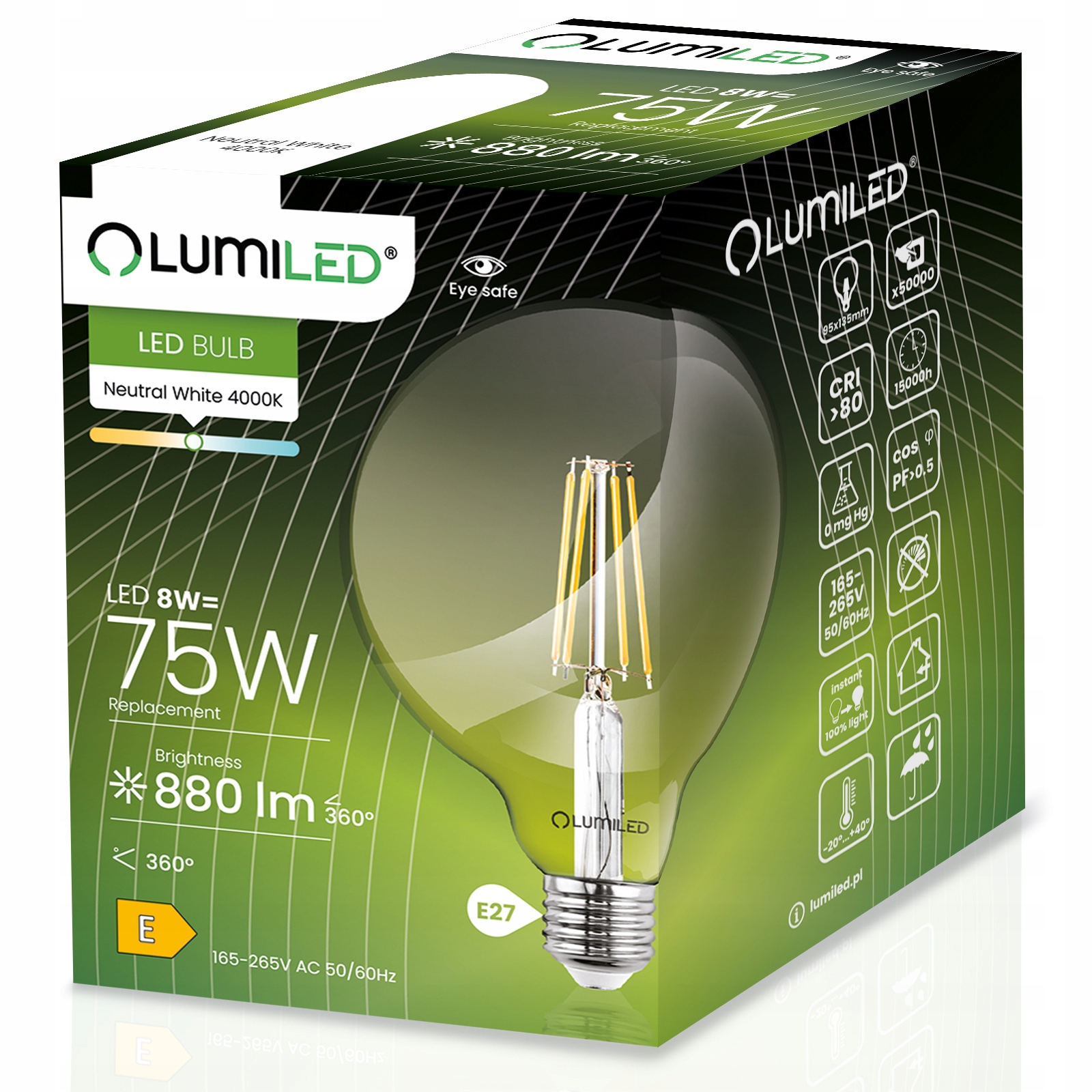 3x Żarówka LED E27 G95 8W Filament Globe LUMILED Marka Lumiled