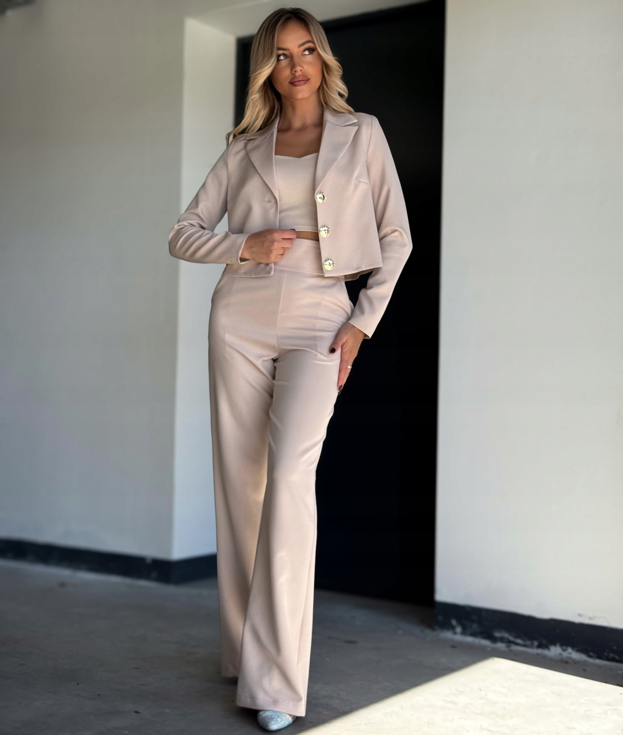 Dámský komplet Sako kalhoty Vysoký pas Obleček na přijímání Béžová M