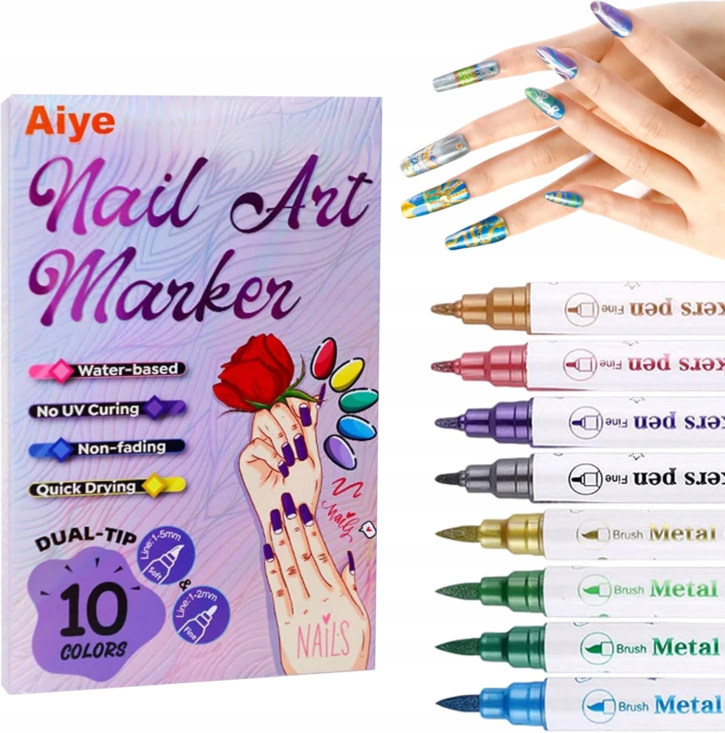 Fixy Na Zdobení Nehtů 10 Ks Sada Oboustranných Tužek Nail Art