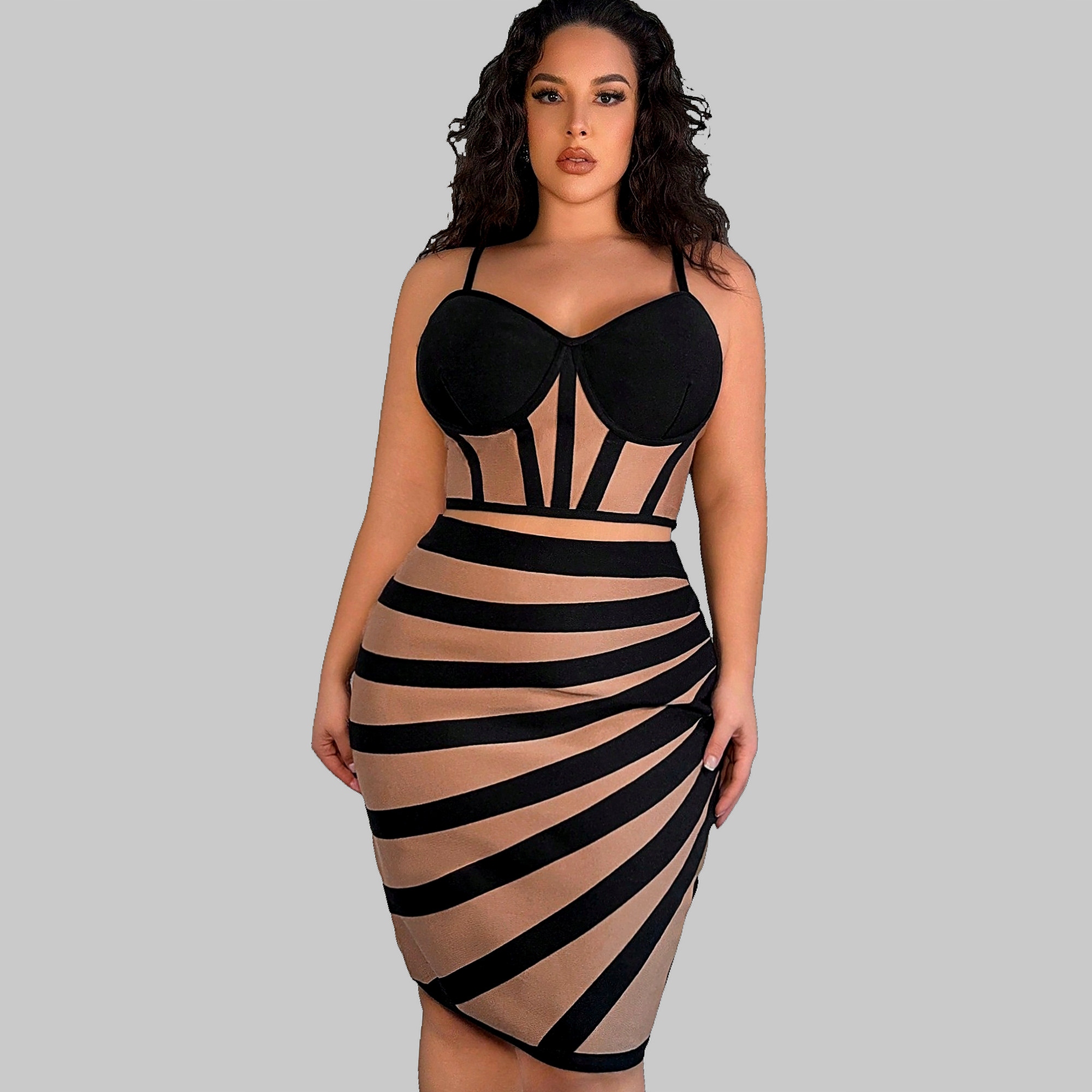 Večerní obvazový komplet Bodycon s proužky Glamour Shein 3XL 46