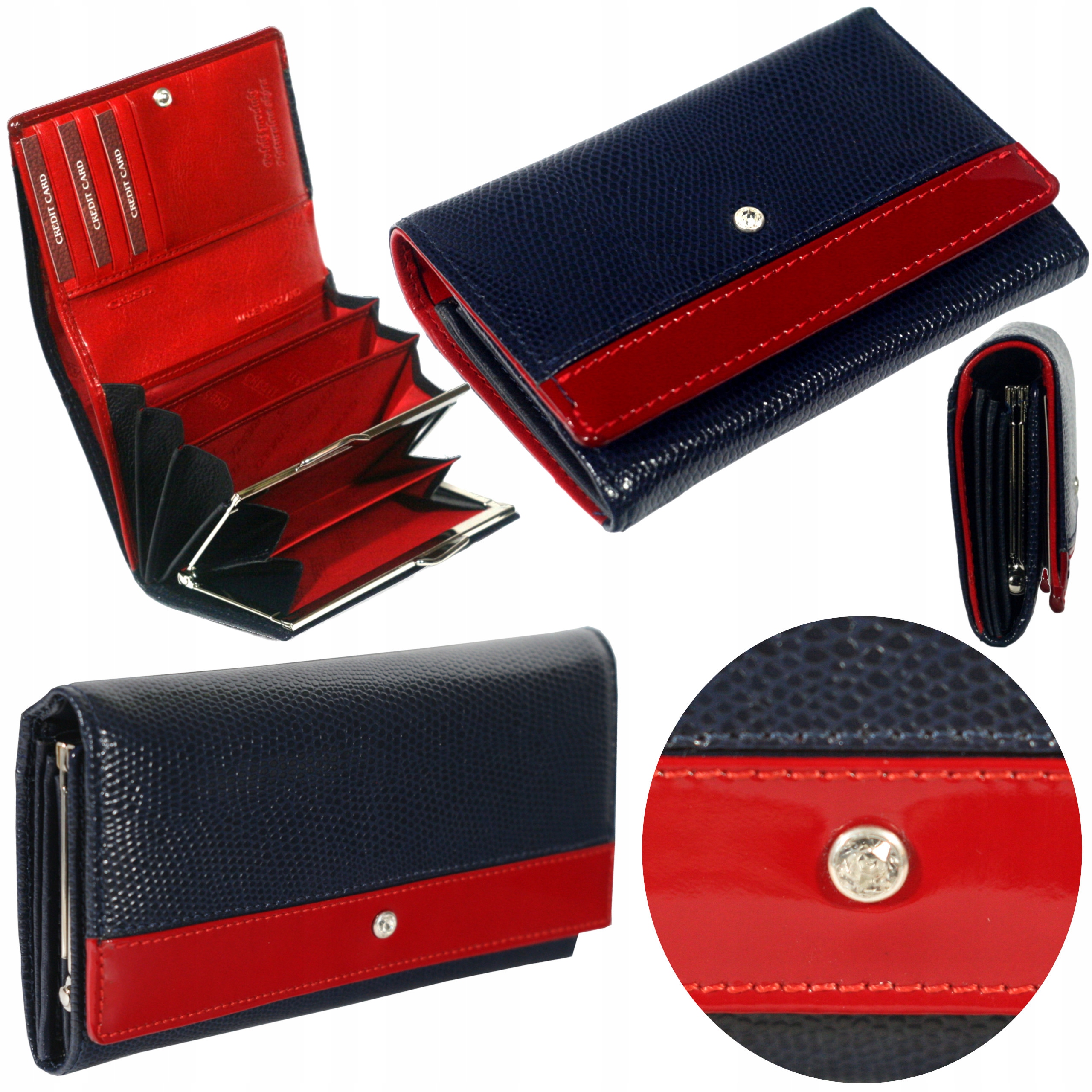 Dámská kožená peněženka s malými tmavě modrými krystaly Swarovski polská výroba