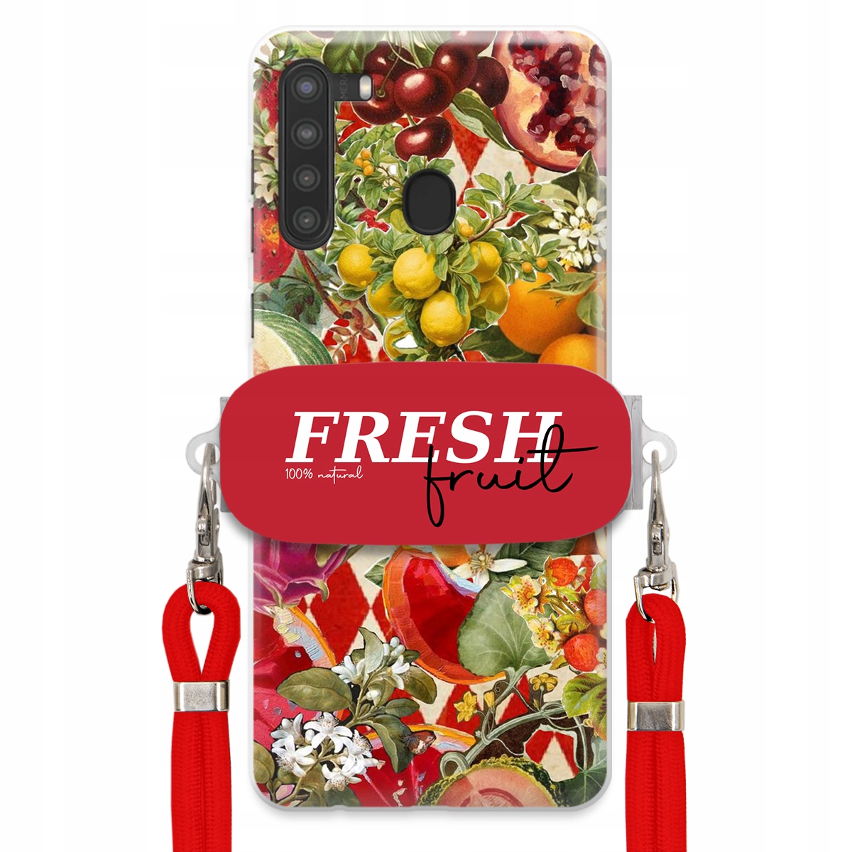Puzdro pre Samsung A21 Červené Crossbody vodítko držiak Fresh Fruit Ovocné