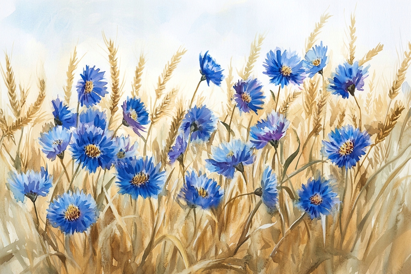 Obraz Na Plátně Canvas Akvarel Vesnice Pole Obilí Květiny Chrpy 120x80