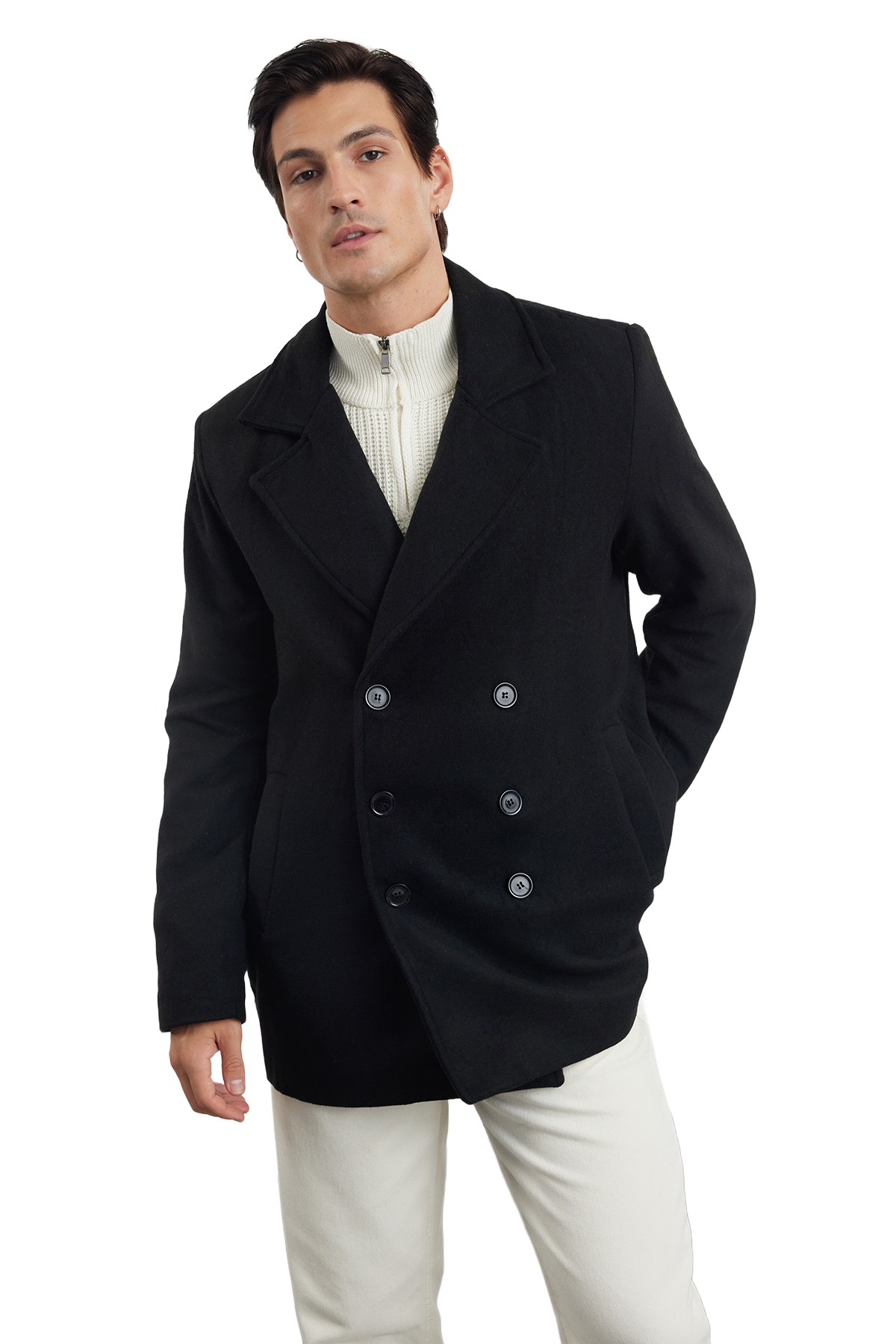 Trendyol Černý Dvouřadý Pánský Kabát S Vlnou A Bavlnou XL Opa