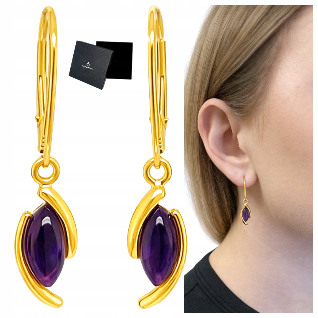 Náušnice s přírodním ametystem pozlacené, stříbrné, 925, závěsné, anglické