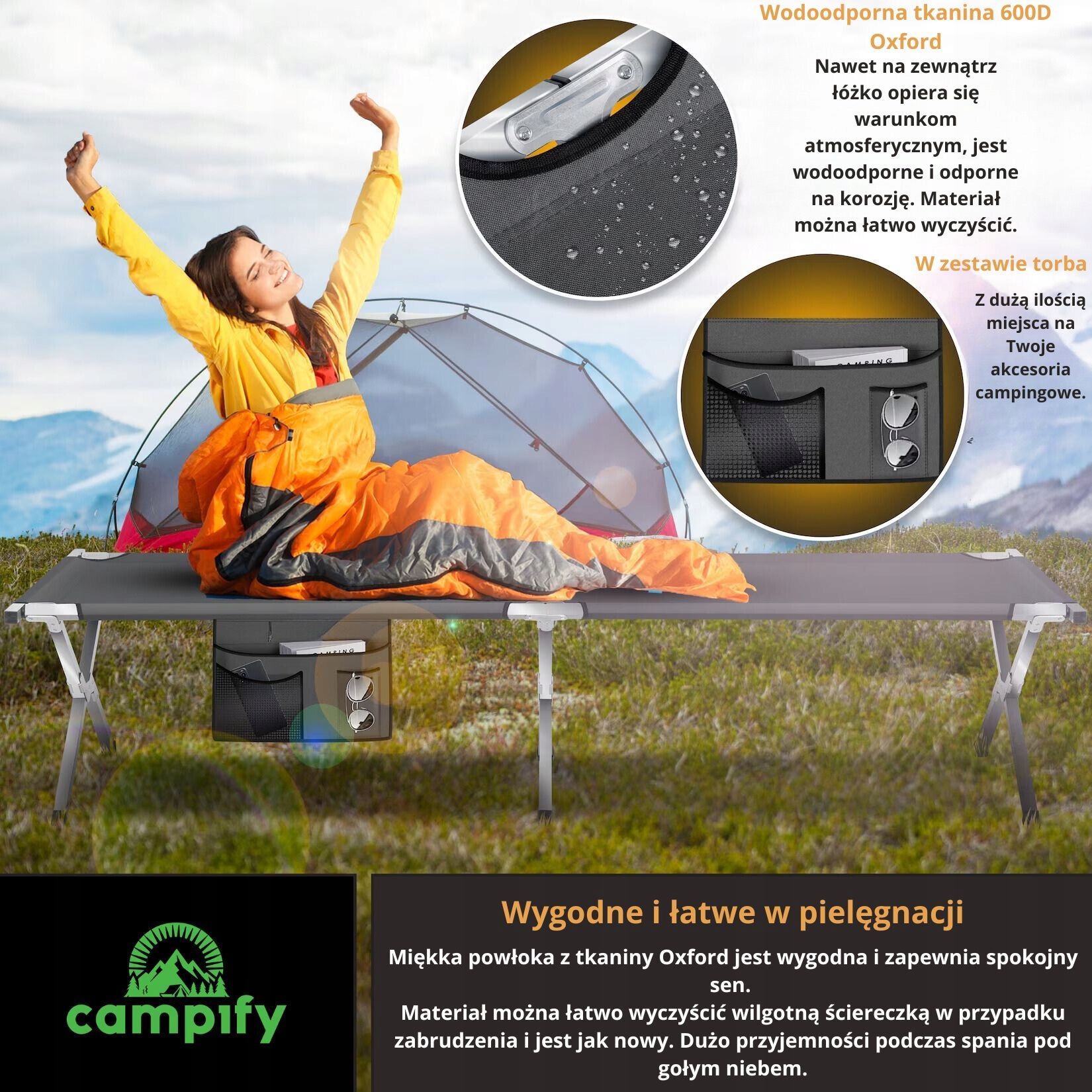 Łóżko Polowe Składane Premium Kanadyjka Duże Mocne 200 KG XXL Campify 210CM Model CBL03