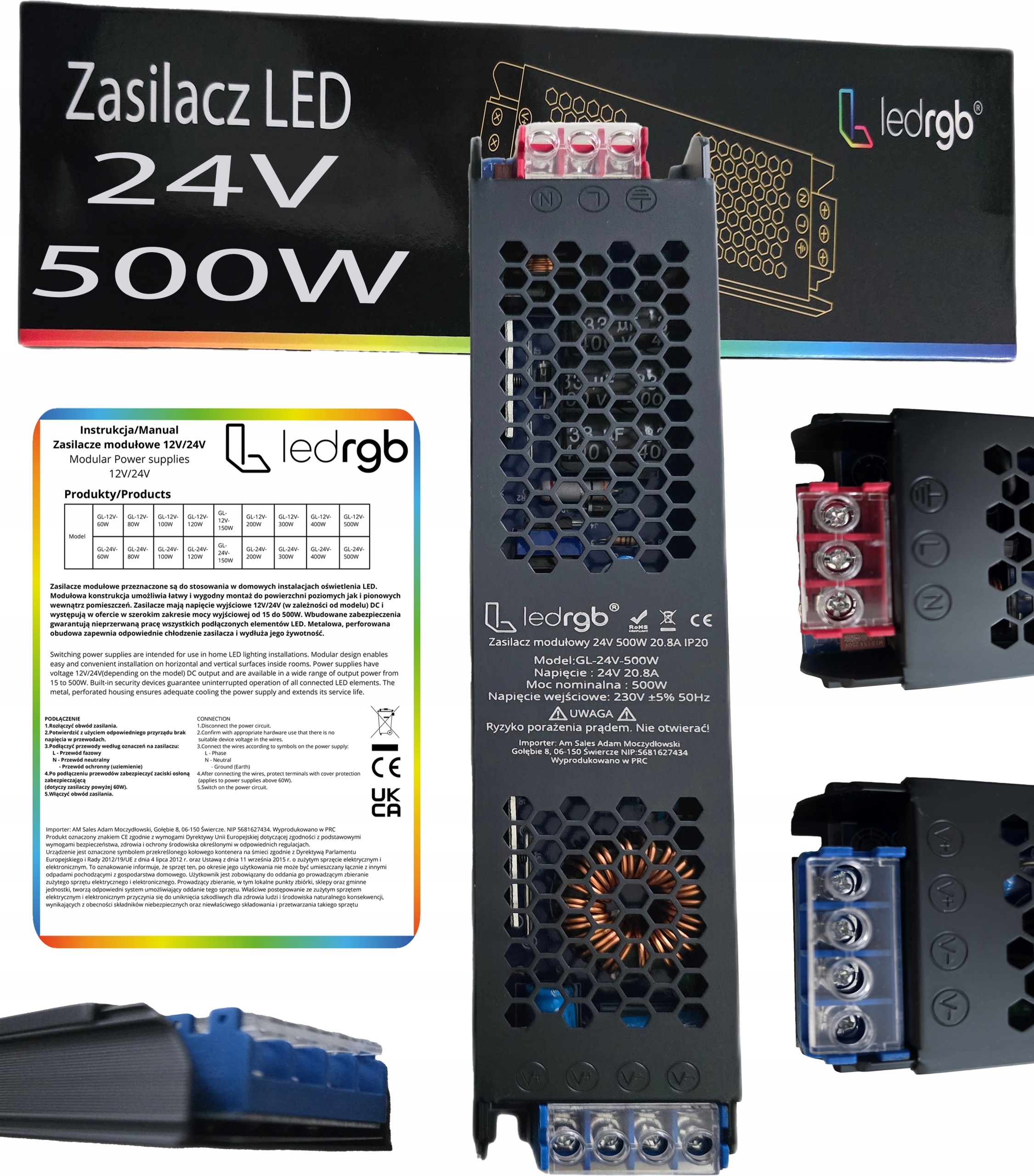 Montážní napájecí zdroj 24V 20.8A 500W Premium pro Led modulární Ac DC Slim Výkonný