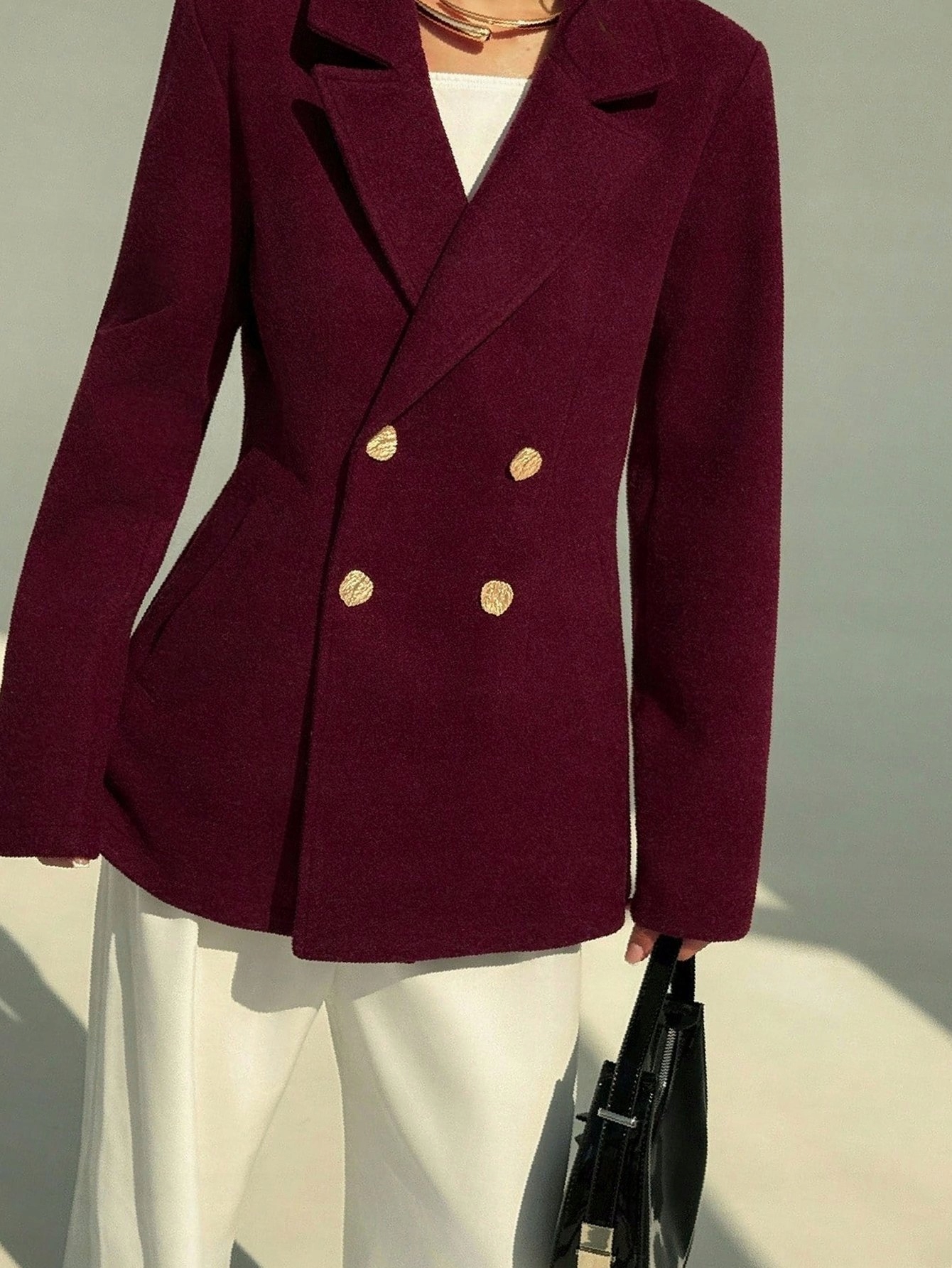 Dámský kabát Retro Do Bioder Casual Dvouřadý Burgundský M 38