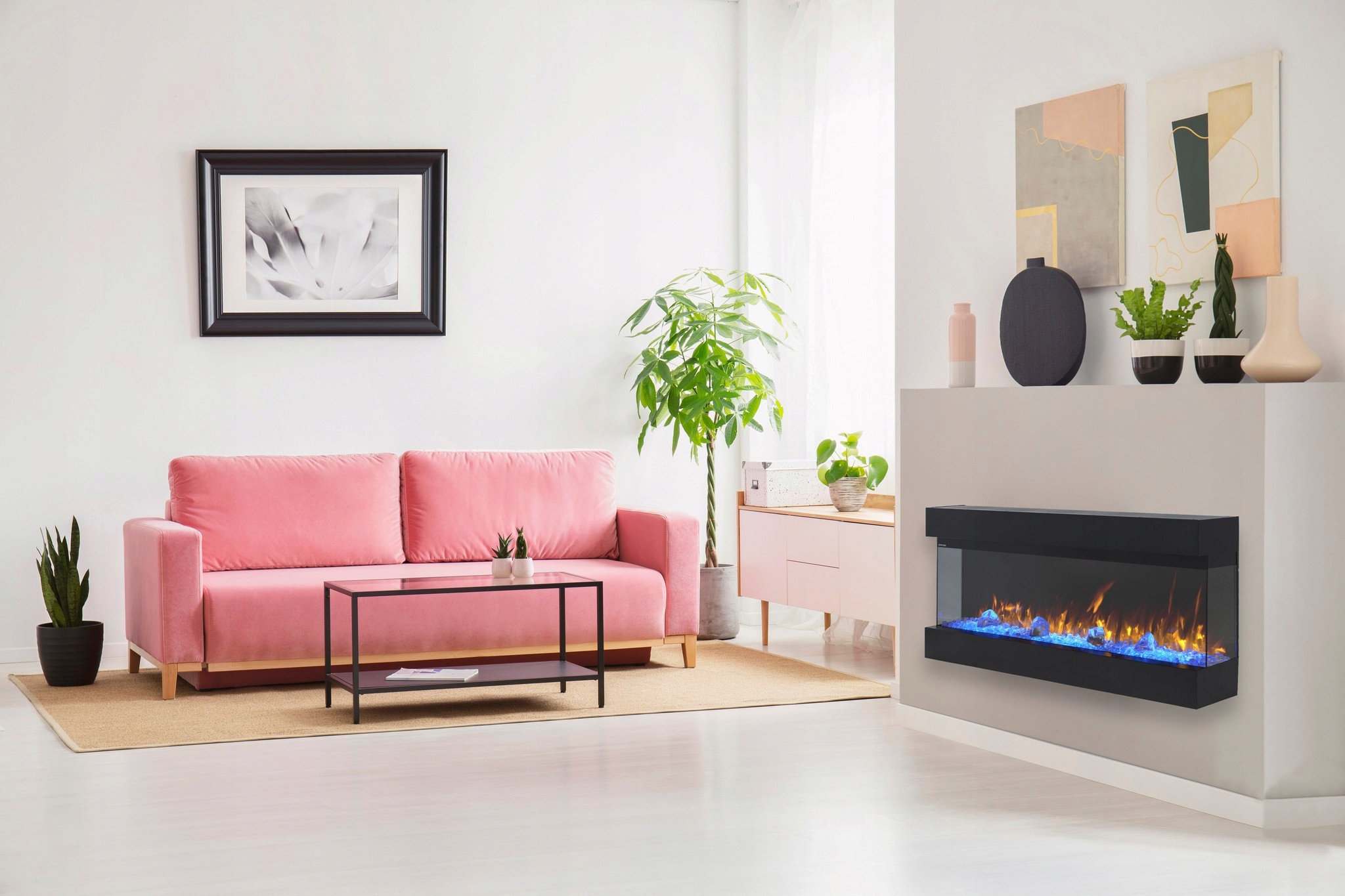 KOMINEK LED NA ŚCIANĘ DO ZABUDOWY TRÓJSTRONNY Rodzaj z funkcją grzewczą