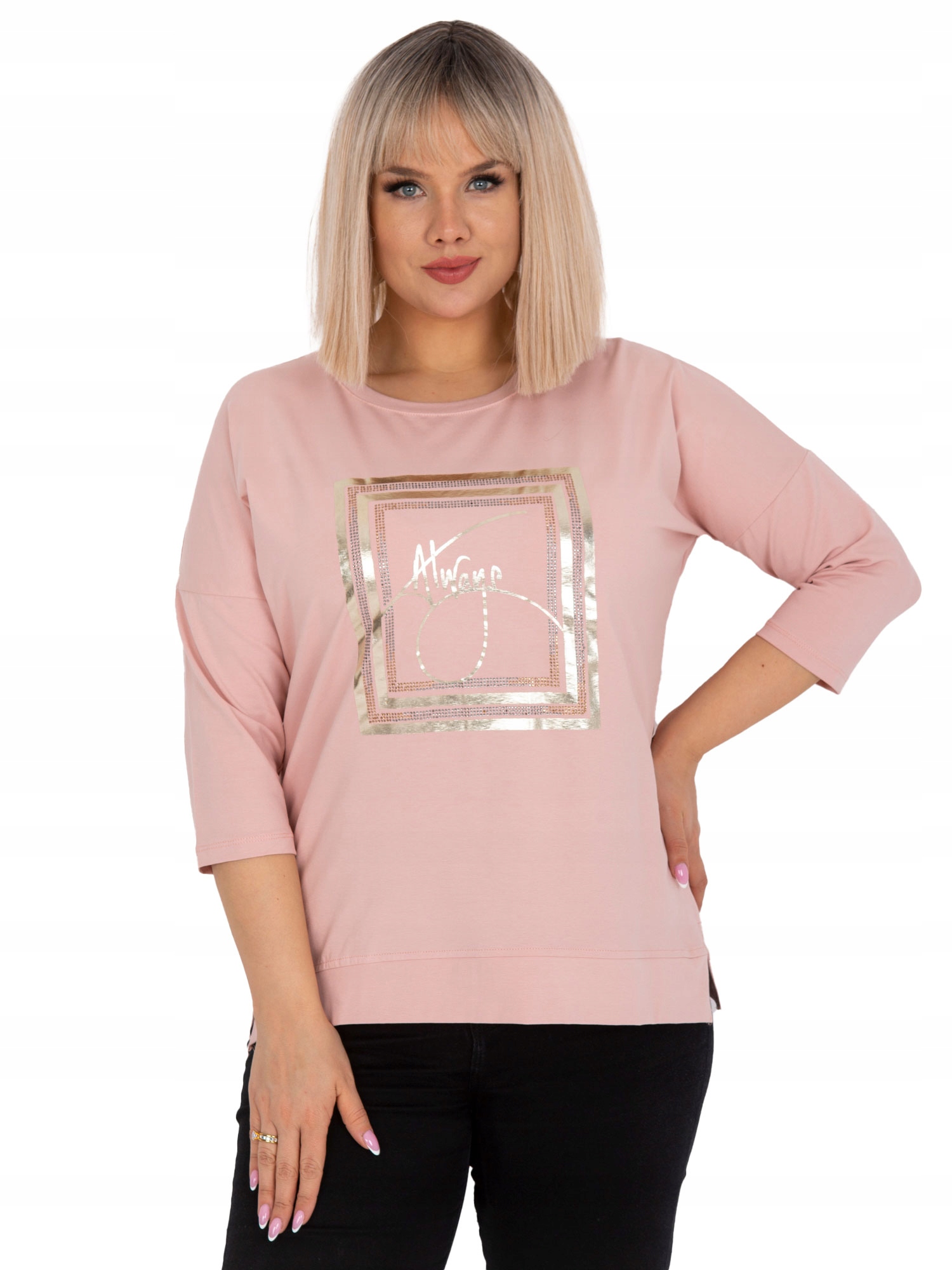 

Plus Size Bluzka damska z dżetami rękaw 3/4