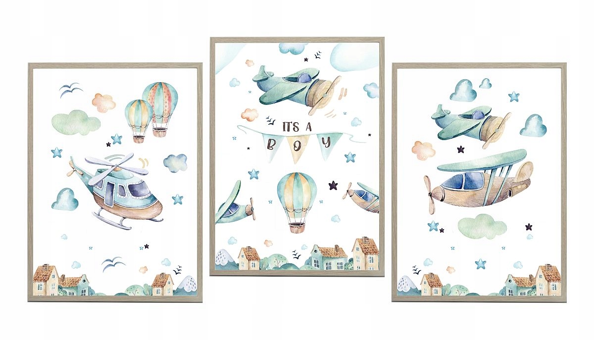 Zestaw 3 plakaty balony samoloty chmurki A3