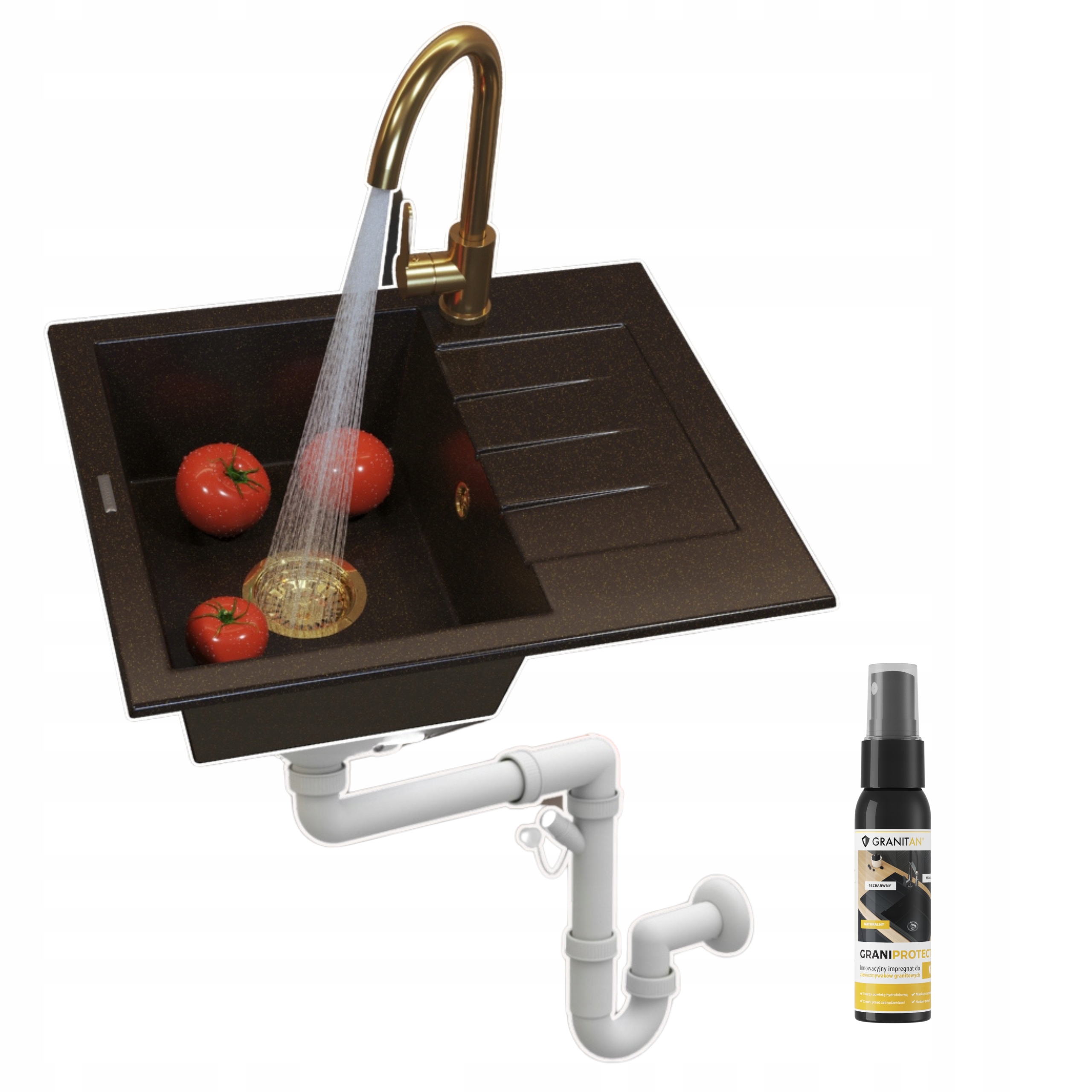 Granitový drez Milano jednokomorový Chocolate Gold Sada 4v1 Batéria Sifón