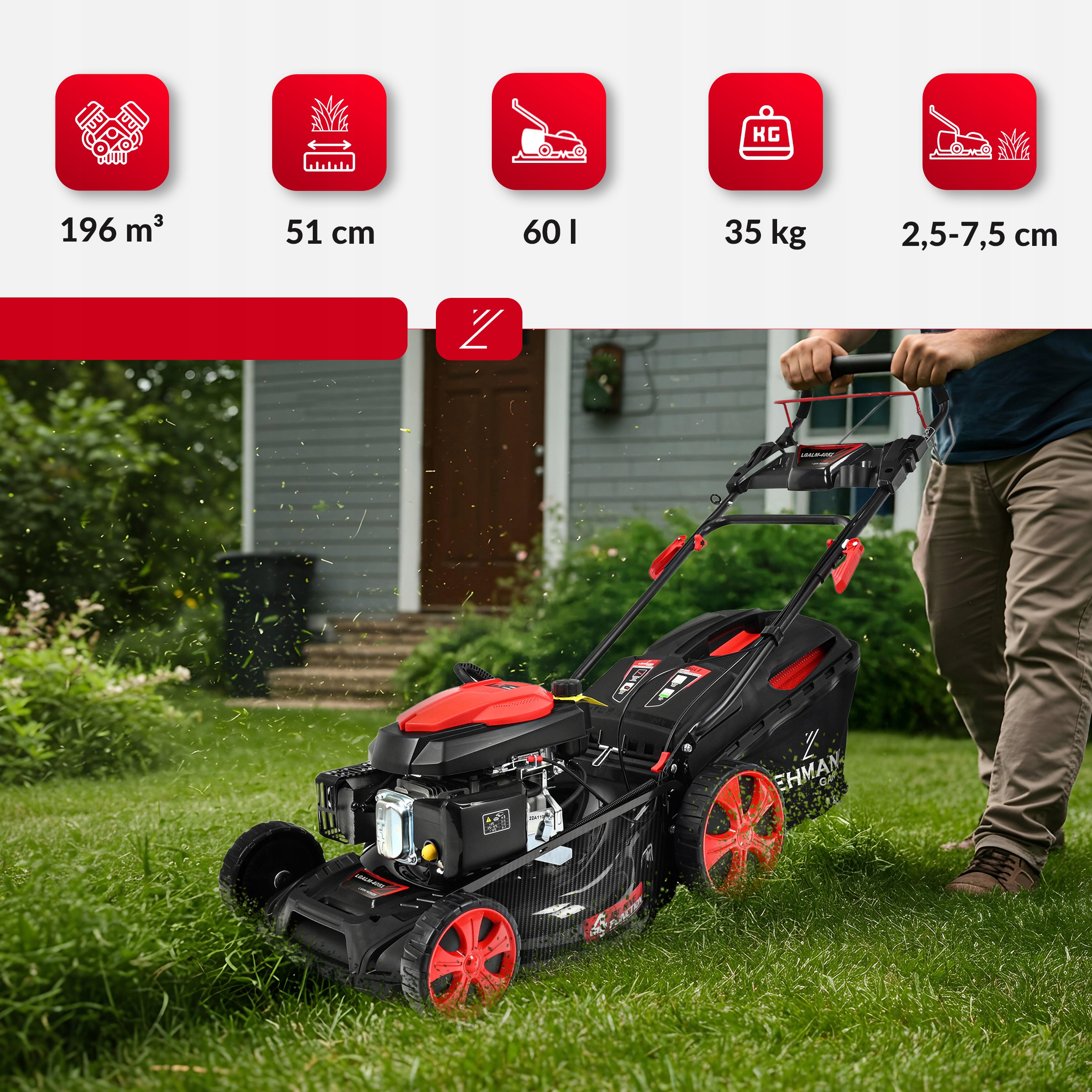 KOSIARKA SPALINOWA LEHMANN 53CM NAPĘD POTĘŻNA SILNIK 196CC MULCZOWANIE OLEJ Seria GARDEN