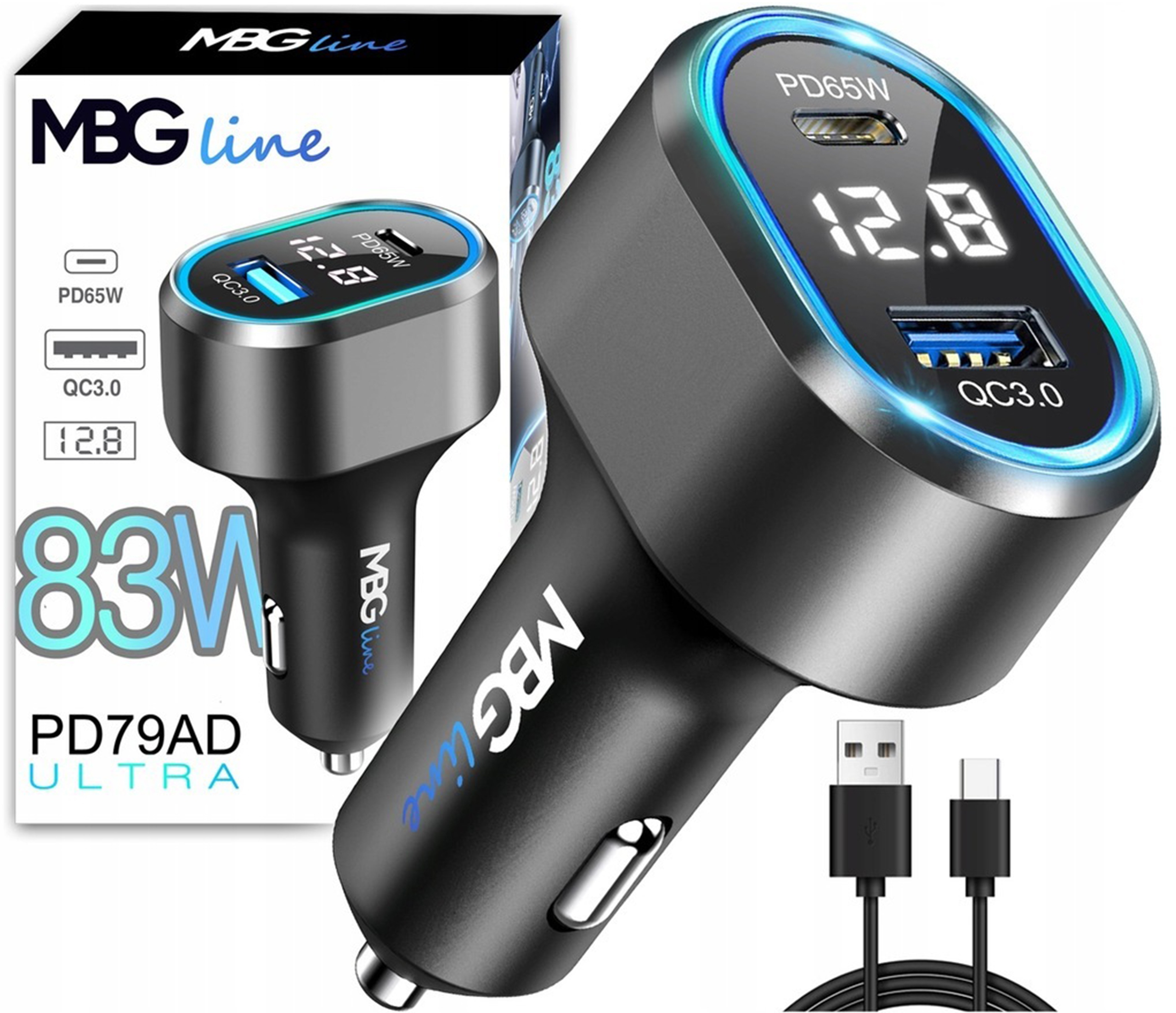 MBG Line Ładowarka Samochodowa USB C PD 65W +QC3.0
