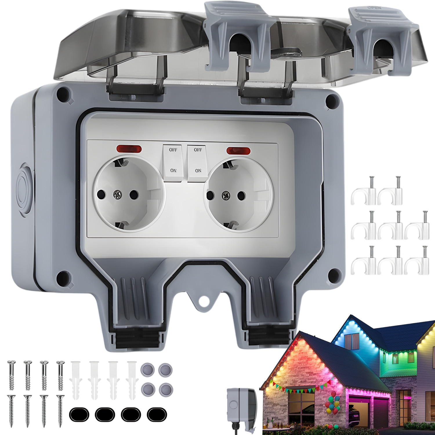 Dvojitá Pevná Zahradní Zásuvka IP66 Kabel 3 M 250V Patio Dílna